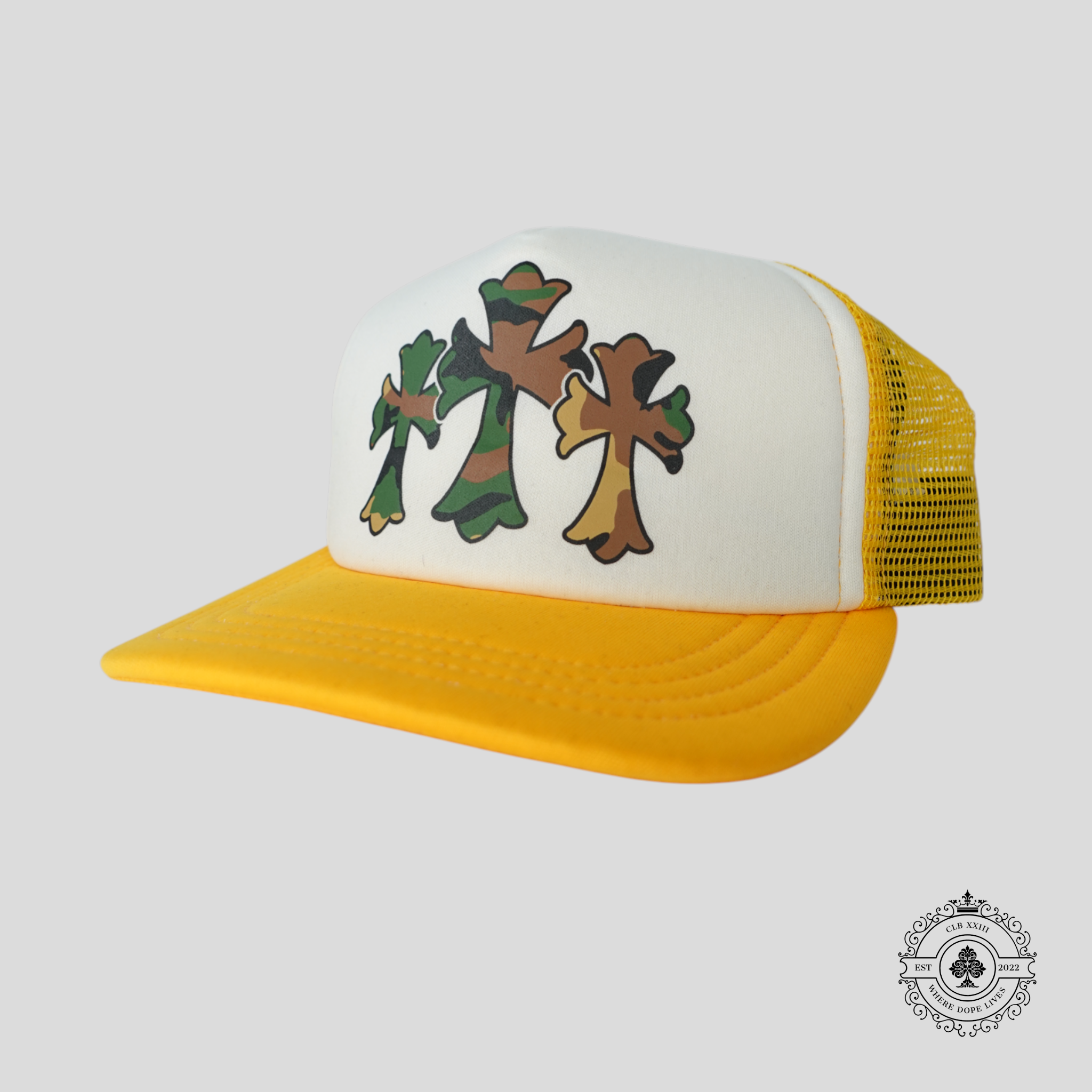 Chrome Hearts Triple Cross Trucker Hat in Yellow/Camo