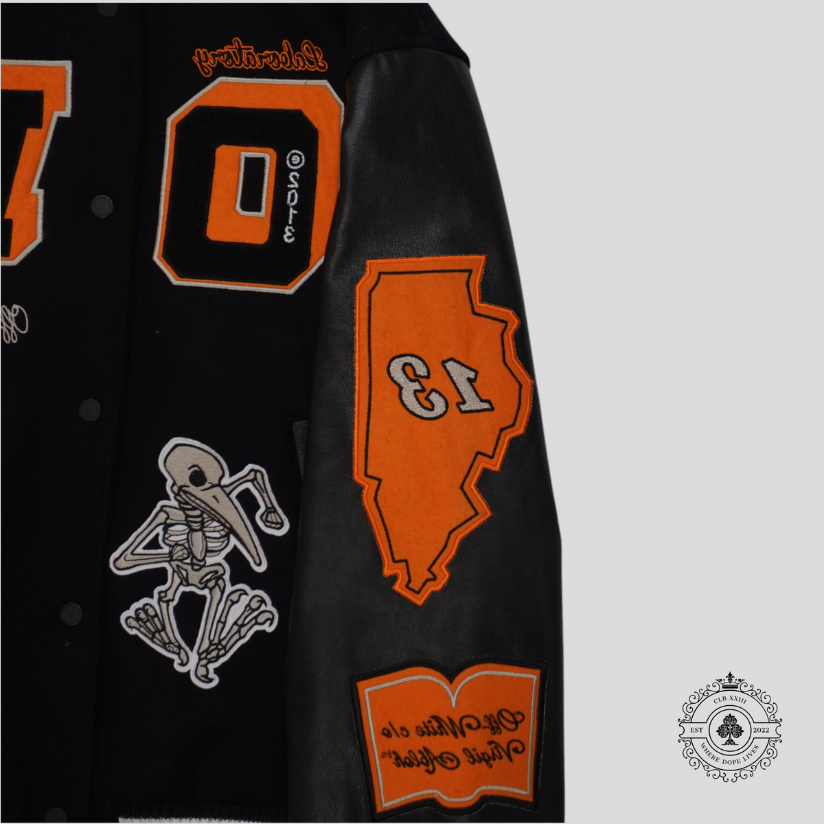 Off White Laboratory of Fun Varsity Jacket in Black/Orange