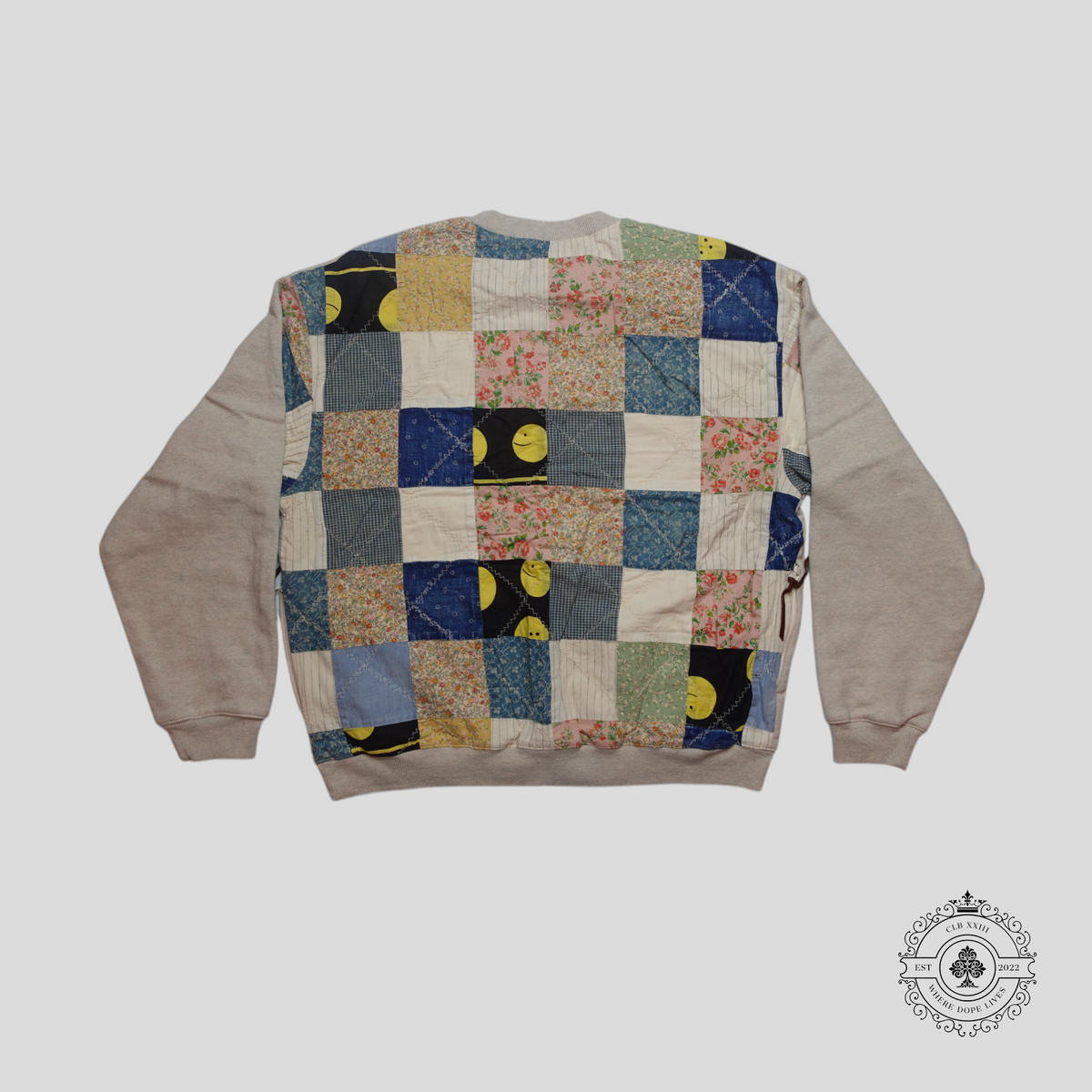 Kapital Top Fleece X American Quilt 2Tone Sweatshirt in Light Grey/Multicolor