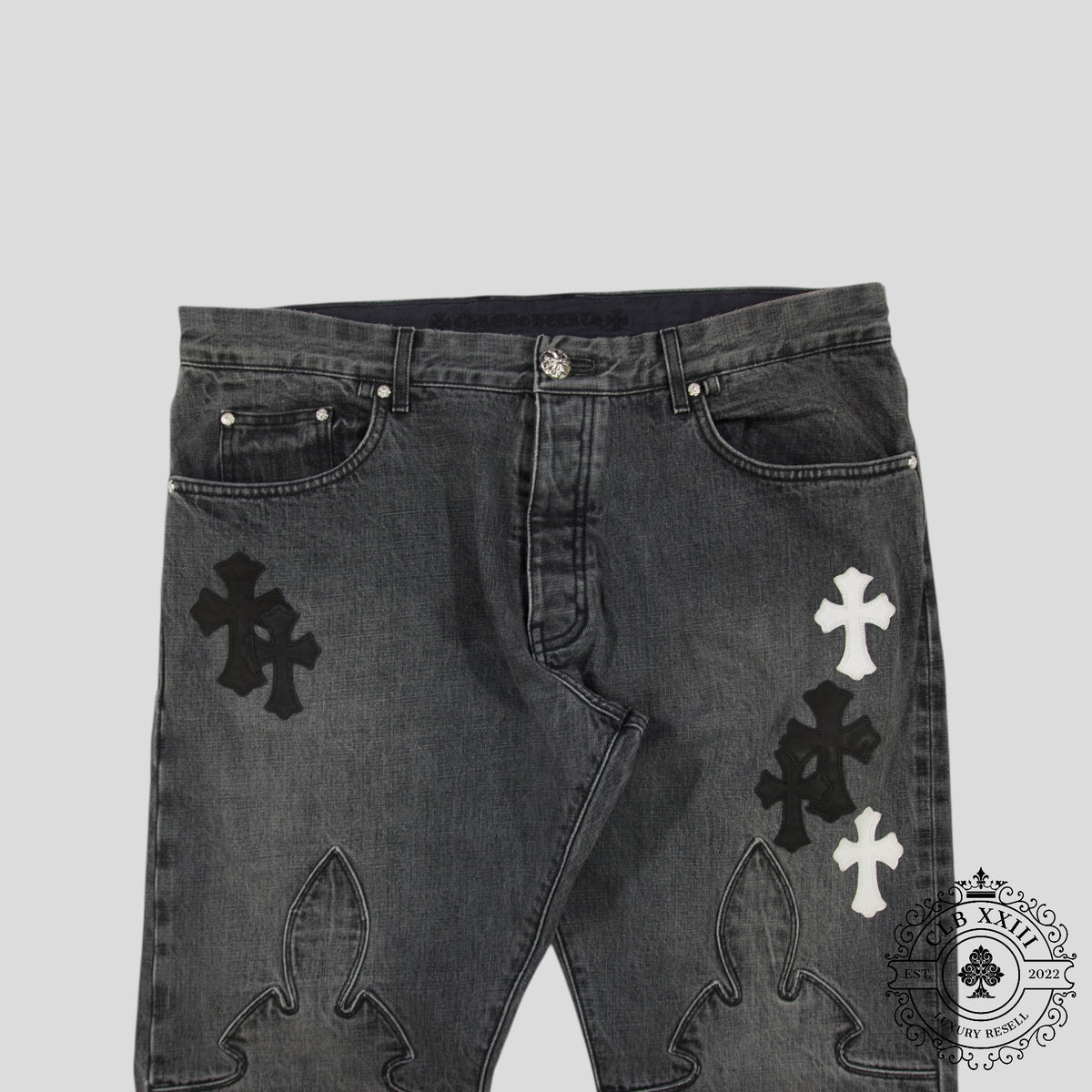 Chrome Heart Fleur Knee Denim in Black/White