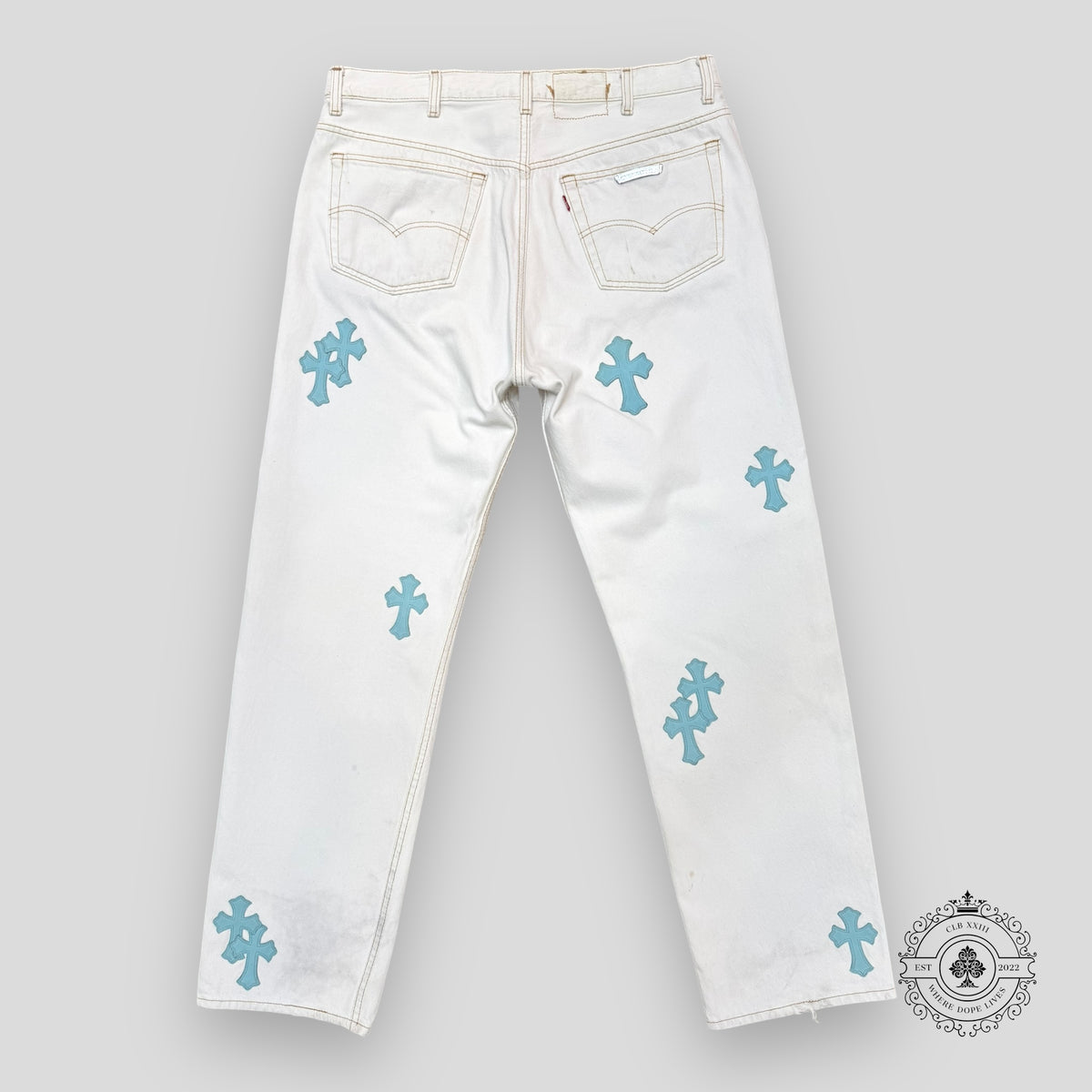 Chrome Hearts Cross Patch Jeans in White / Blue