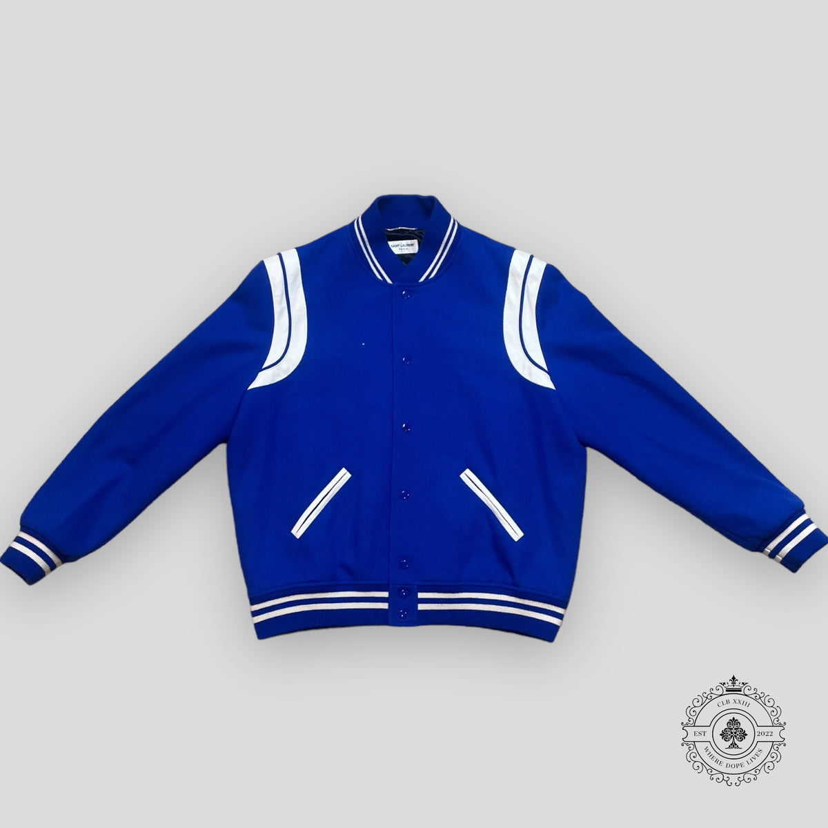 Saint Laurent Varsity Teddy Jacket in Royal Blue