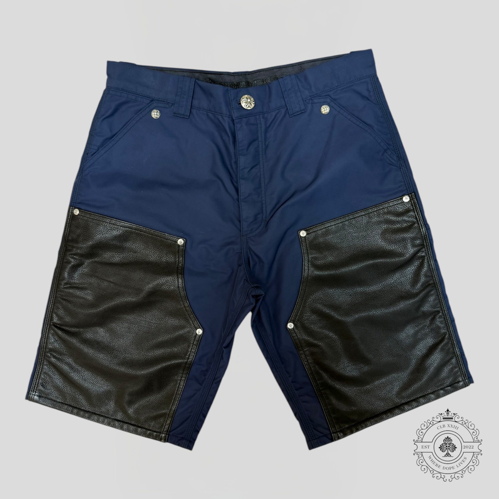Chrome Hearts Nylon Leather Knee Shorts in Navy