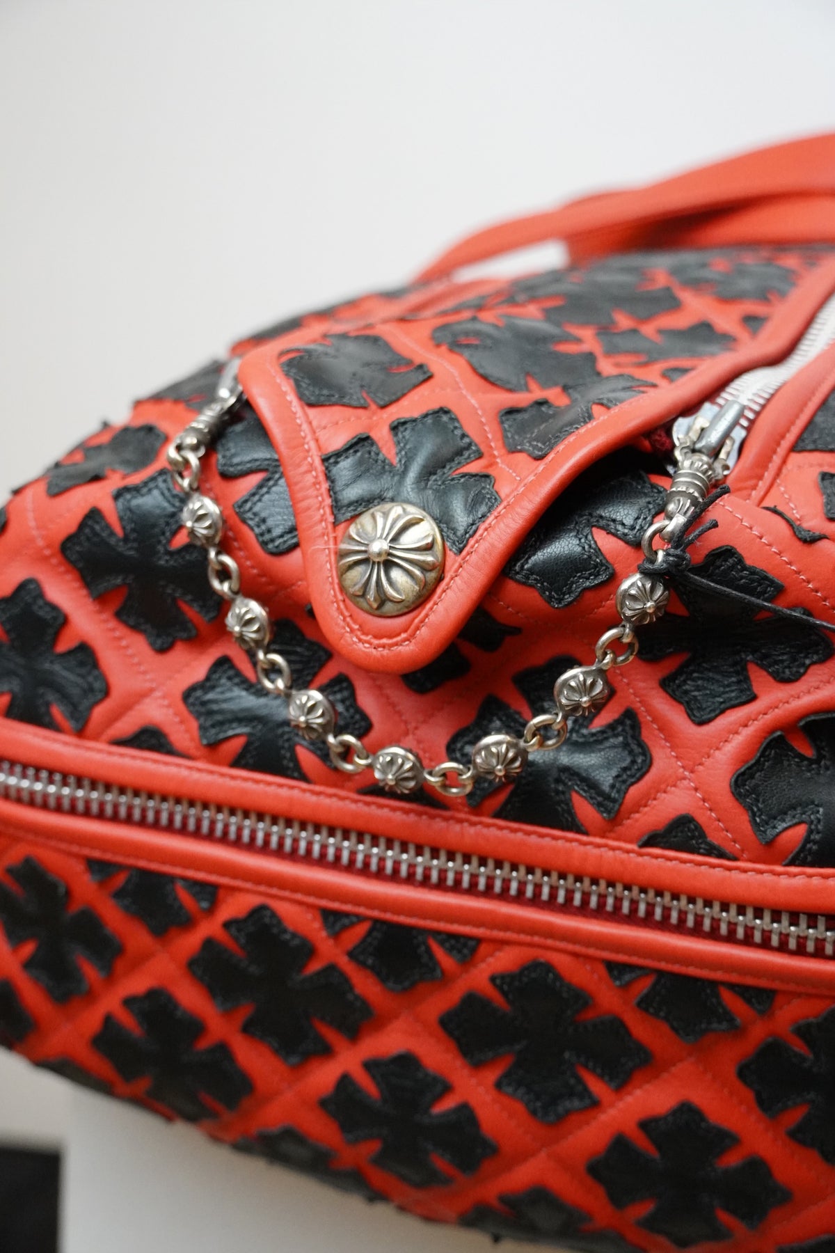 CHROME HEARTS LEATHER CROSS PATCH DUFFLE BAG - RED