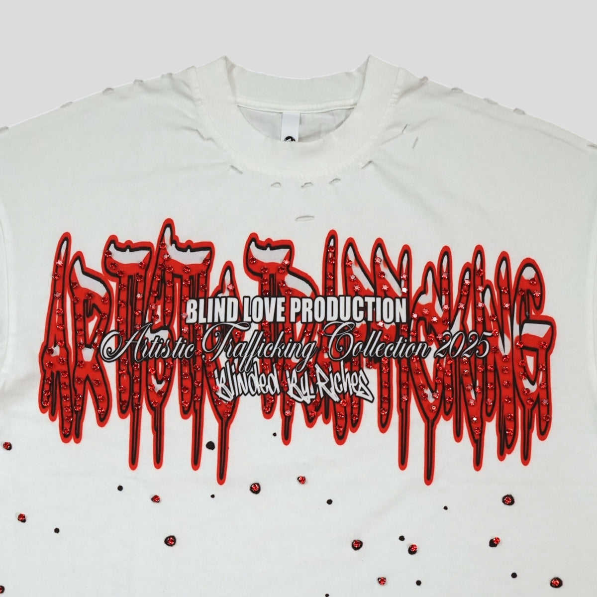 Blind Love Artistic Trafficking Rhinestone T-Shirt in White/Red