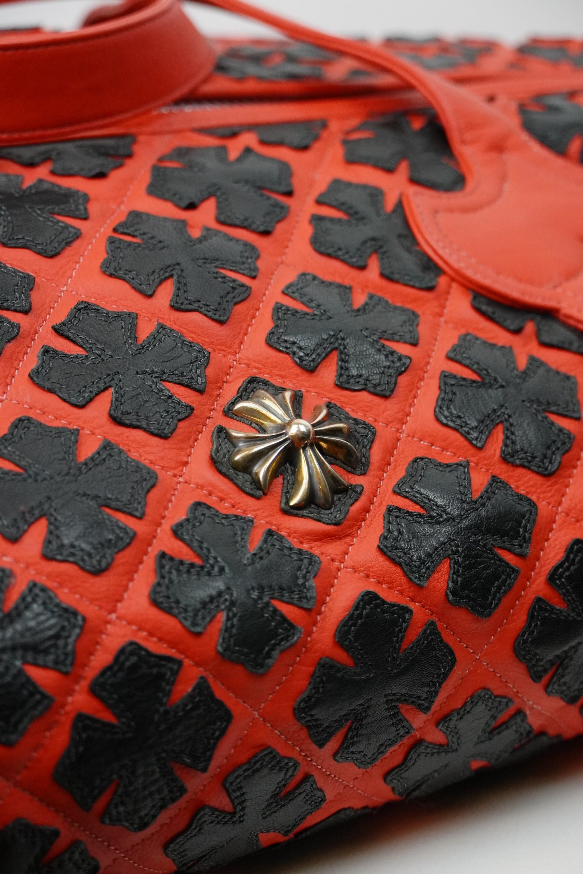 CHROME HEARTS LEATHER CROSS PATCH DUFFLE BAG - RED