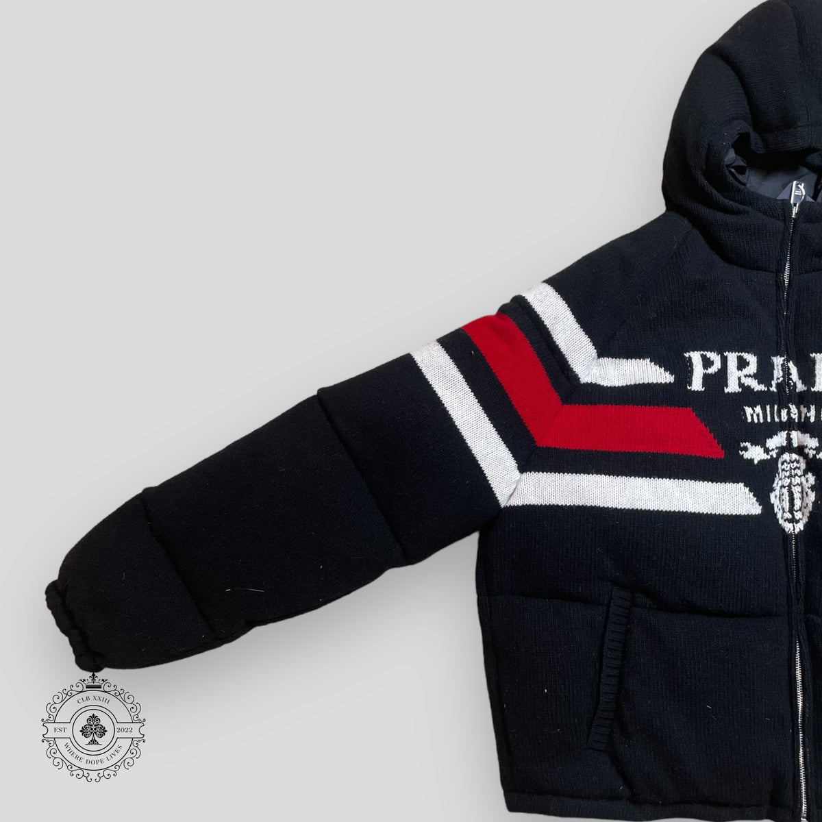 Prada Cashmere Logo Down Jacket in Black