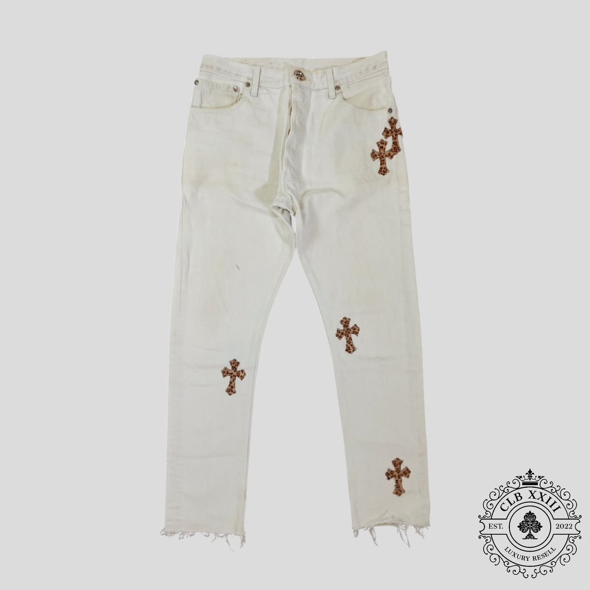 Chrome Hearts Leopard Cross Patch Jeans in White
