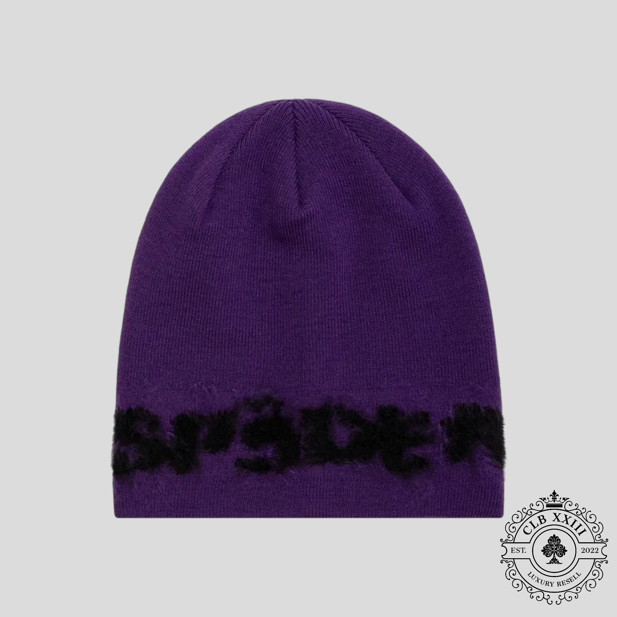 SP5DER Black Fuzzy Logo Mohair Beanie in Purple