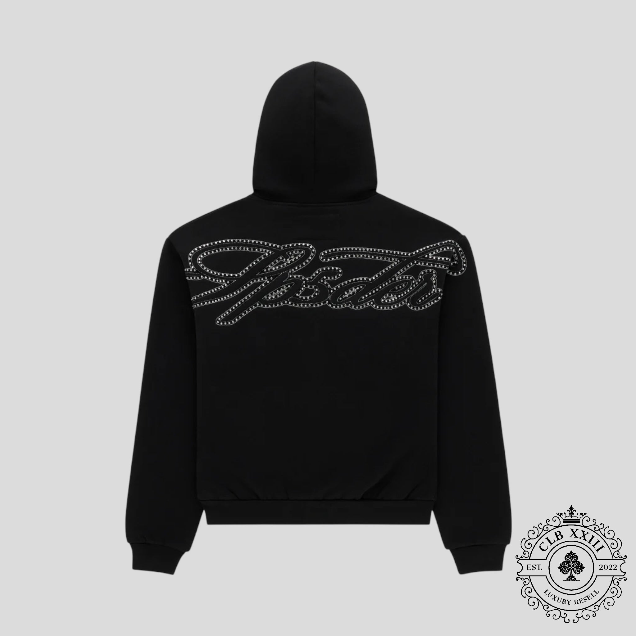 Sp5der Rhinestone Script Zip Up Hoodie in Black