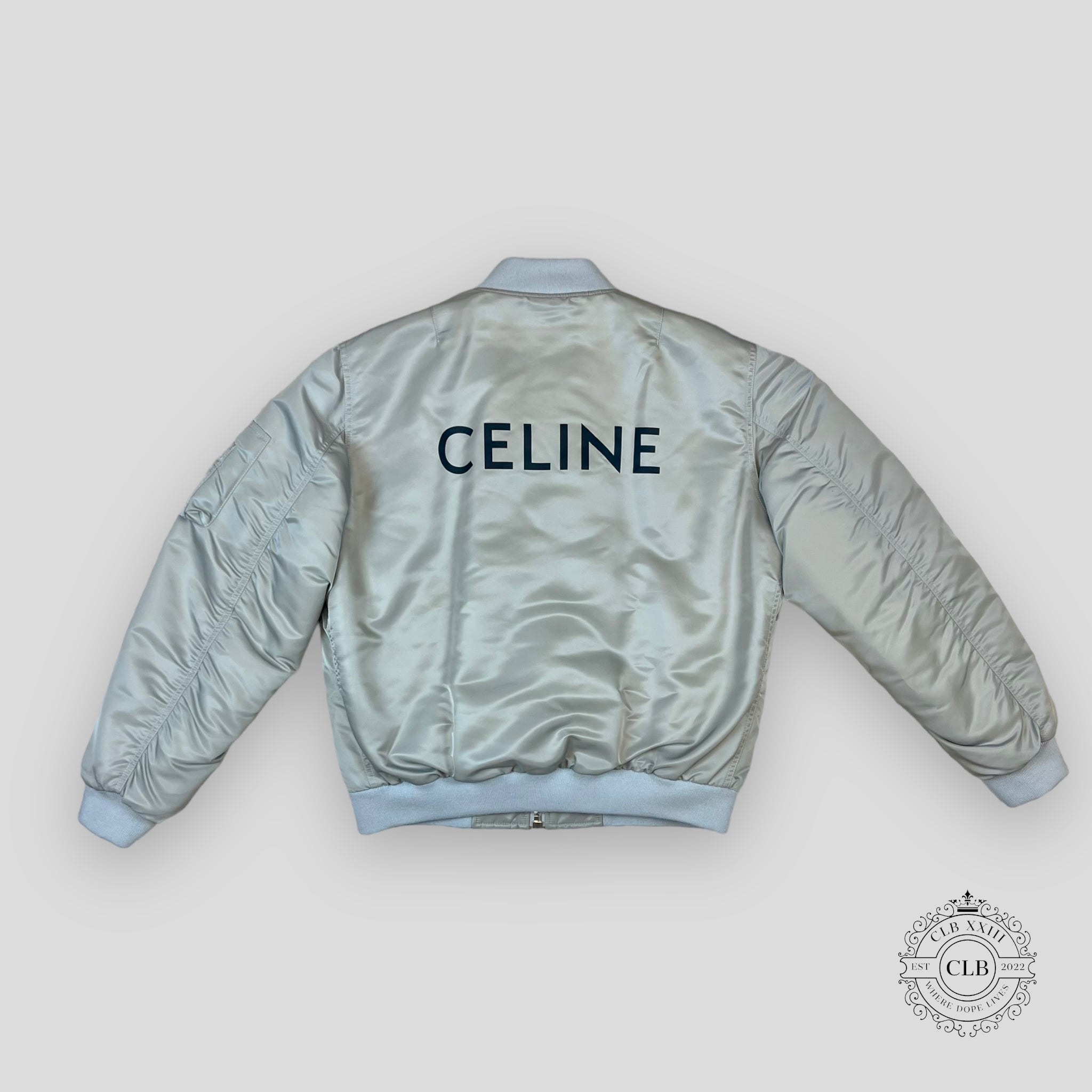 Celine Homme Oversized Chain Logo Hooded Bomber in Silver