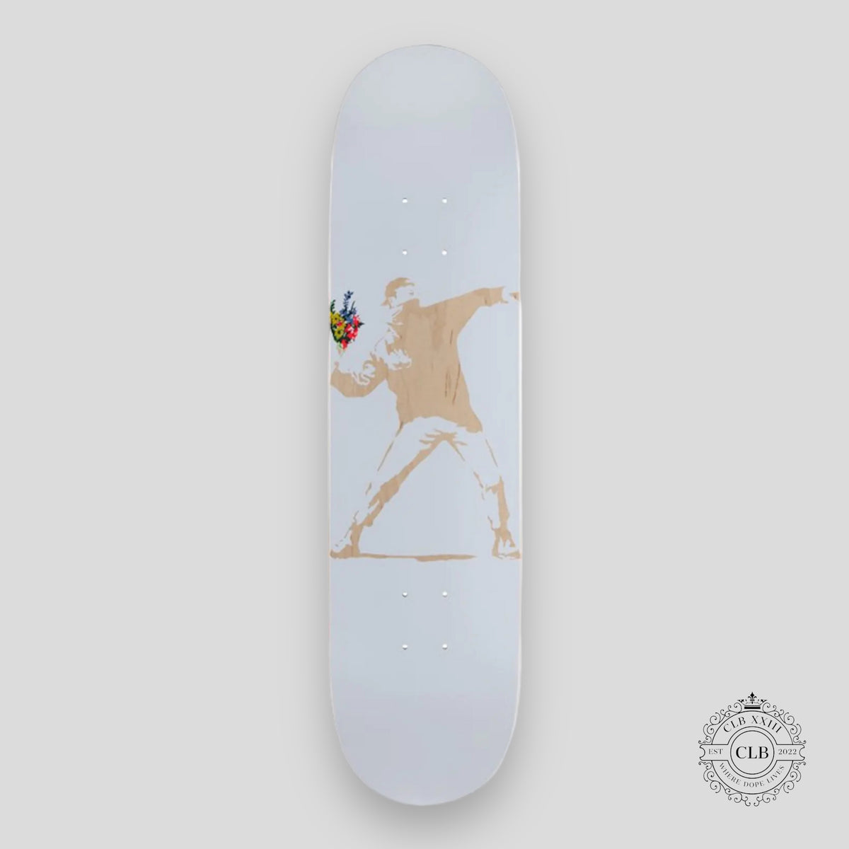 BANKSY X MEDICOM FLOWER BOMBER SKATE DECK - WHITE / GOLD