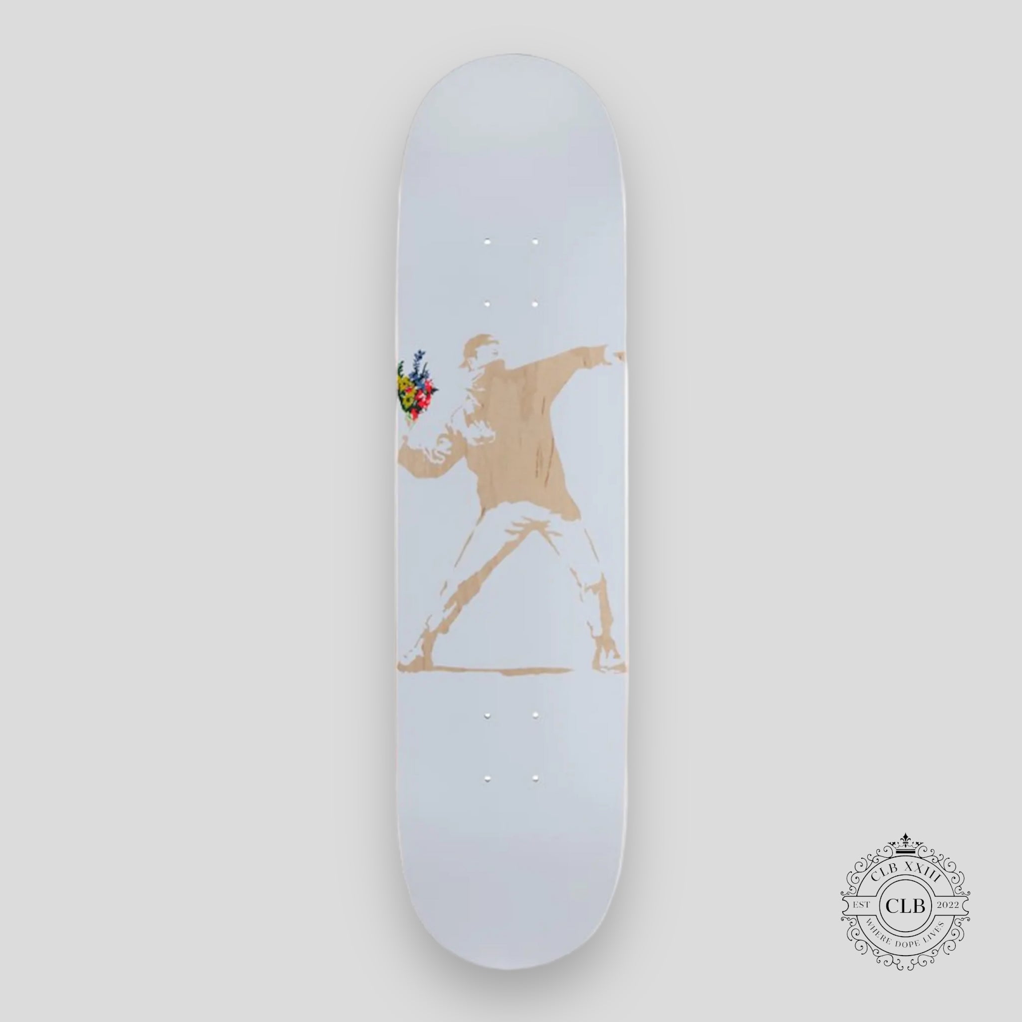 BANKSY X MEDICOM FLOWER BOMBER SKATE DECK - WHITE / GOLD