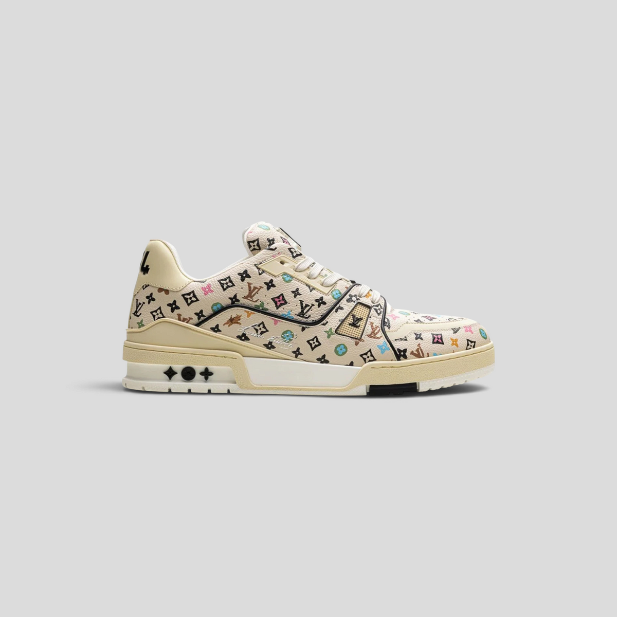CLB XXIII Louis Vuitton Monogram Craggy LV Trainer sneaker in beige with multicolored floral and logo patterns