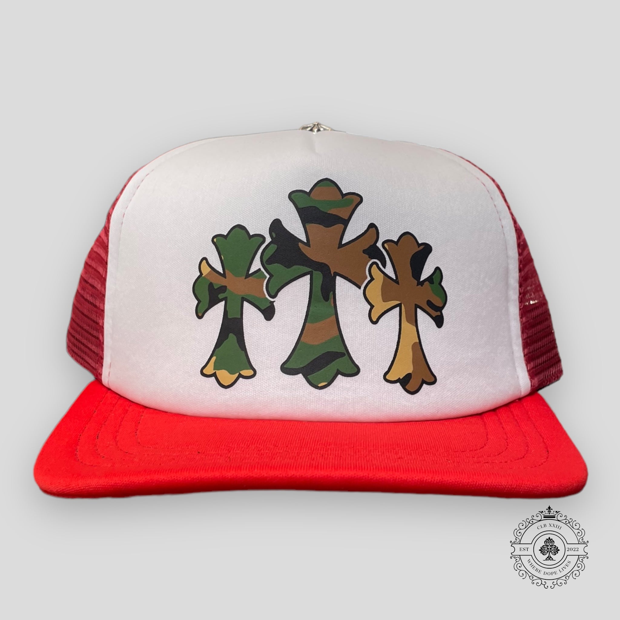 Chrome Hearts Triple Cross Trucker Hat in Red/Camo