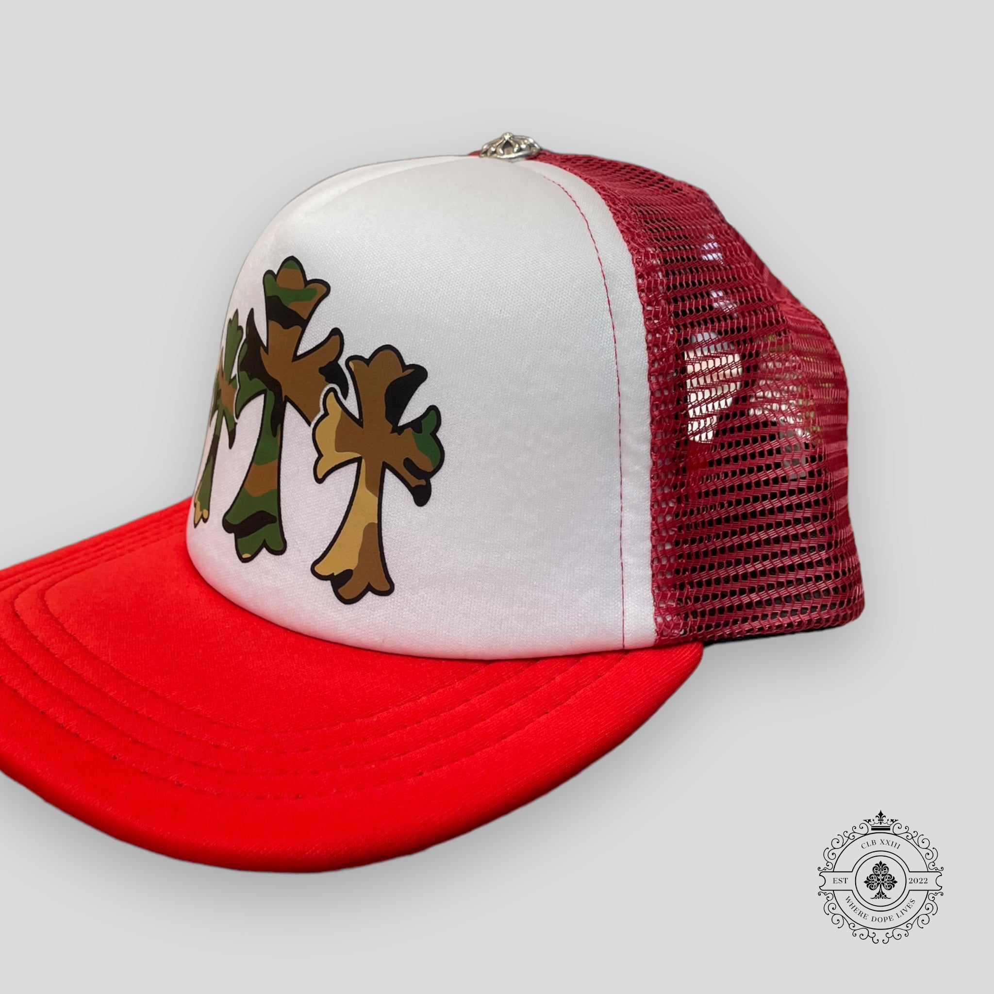 Chrome Hearts Triple Cross Trucker Hat in Red/Camo