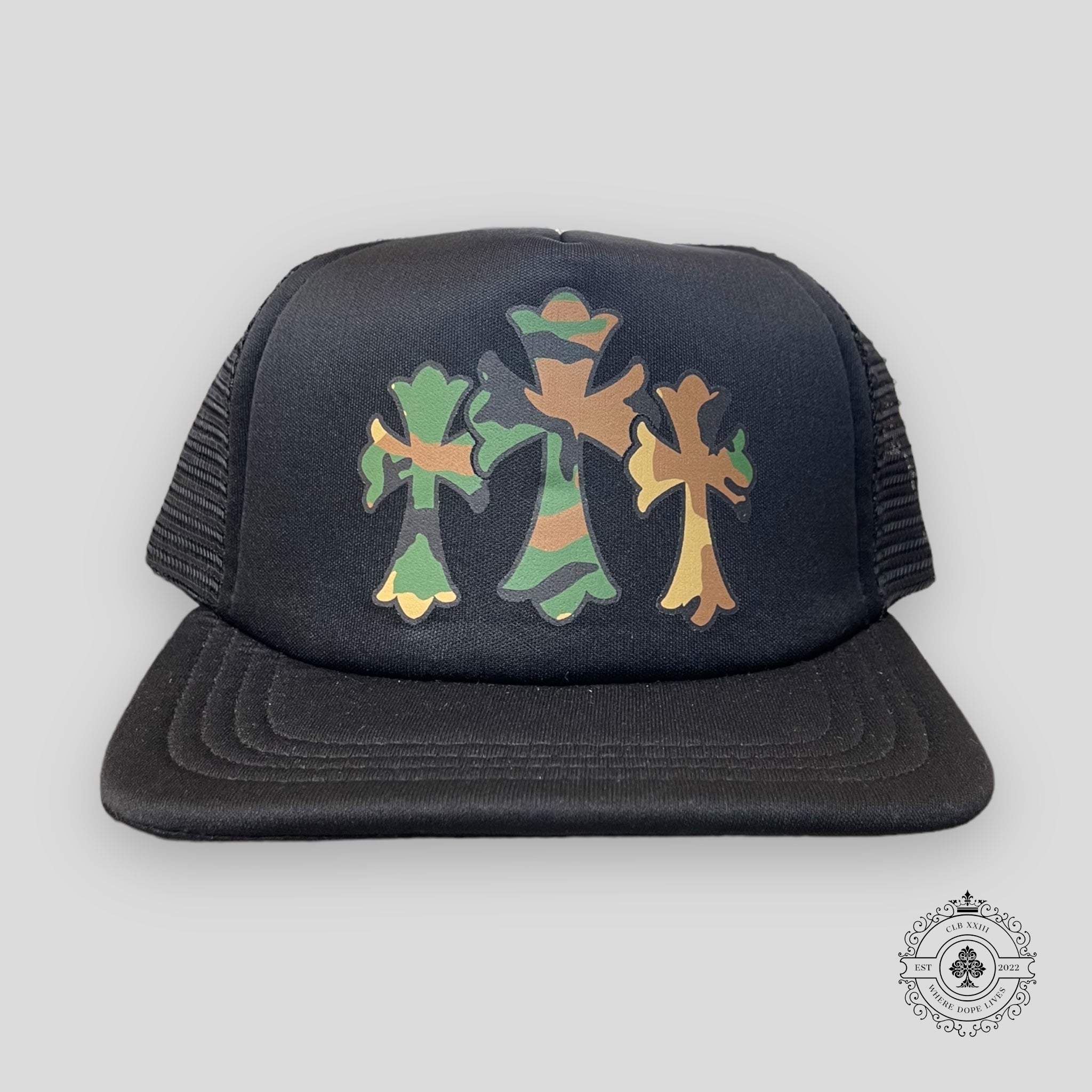 Chrome Hearts Triple Cross Trucker Hat in Black/Camo