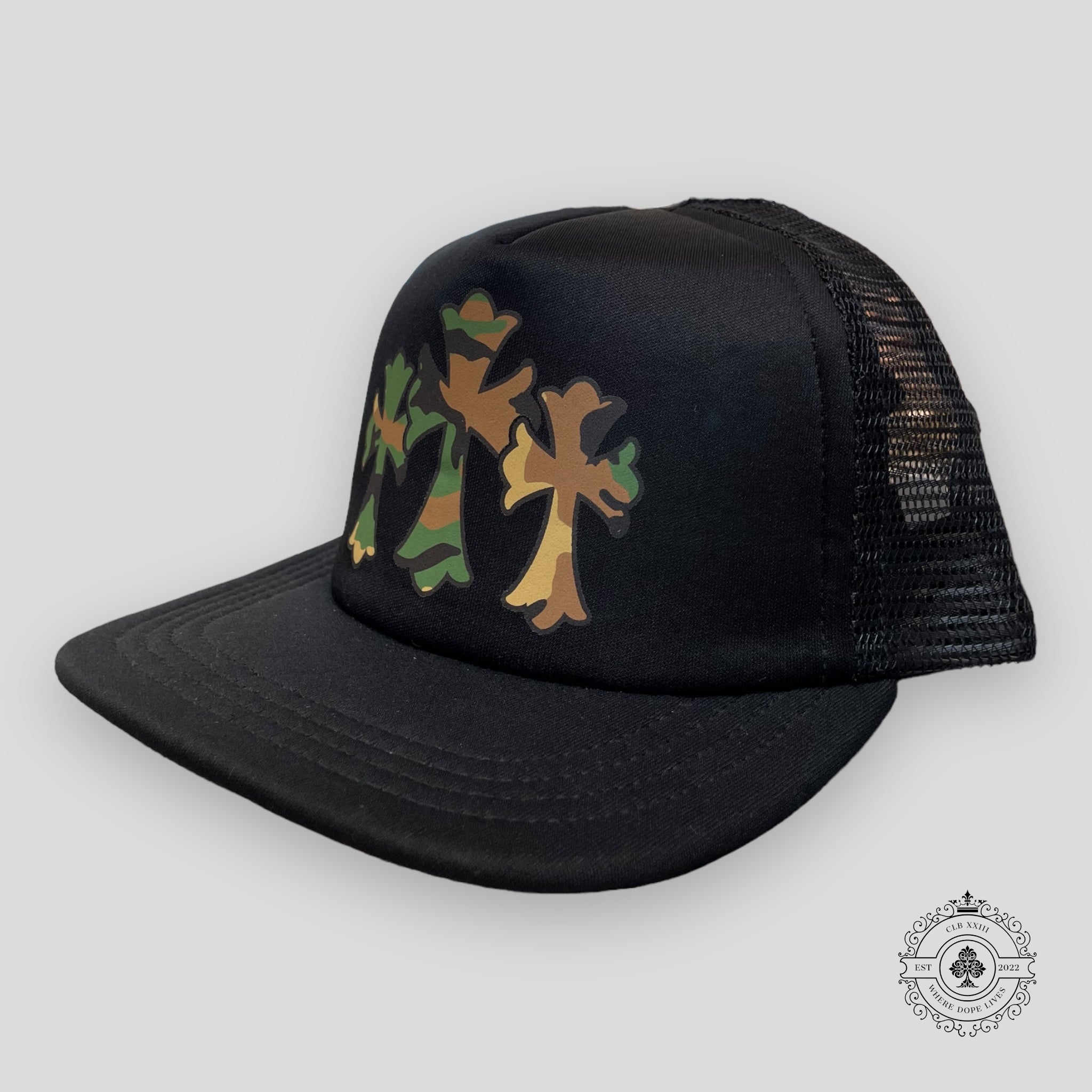 Chrome Hearts Triple Cross Trucker Hat in Black/Camo