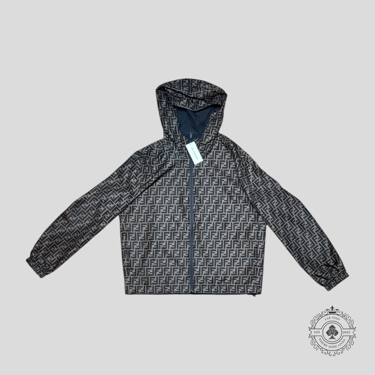 Fendi Reversible Logo Printed Shell Hooded Jacket in Brown/Black