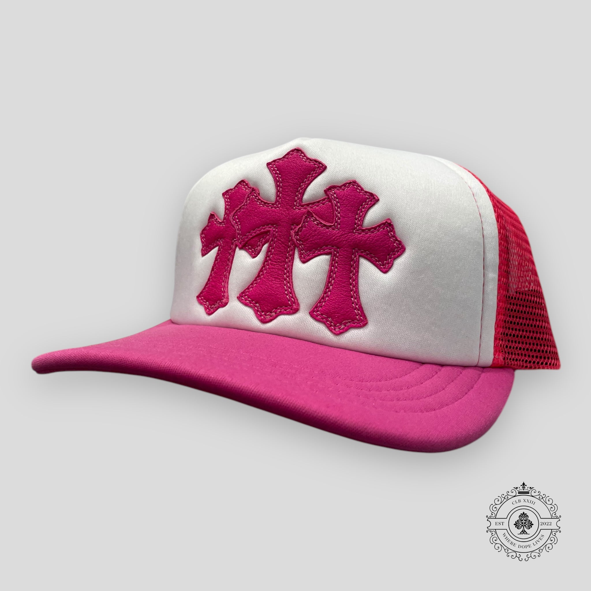 Chrome Hearts Miami Exclusive Cross Patch Trucker Hat in Neon Pink