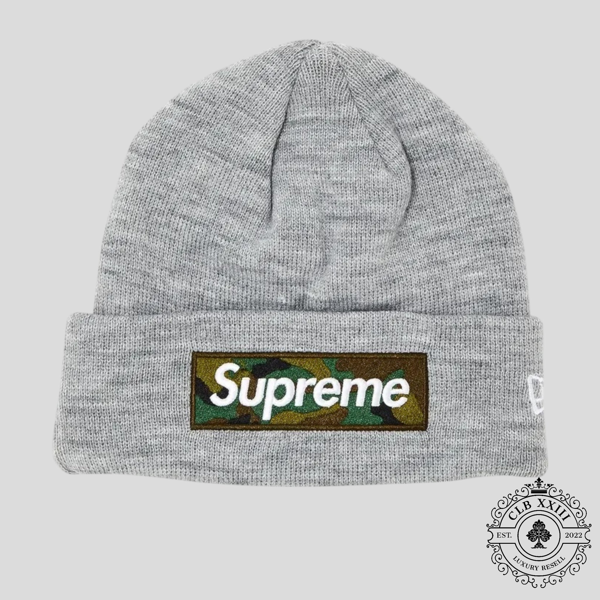 Supreme New Era Box Logo Beanie (FW23) in Heather Grey