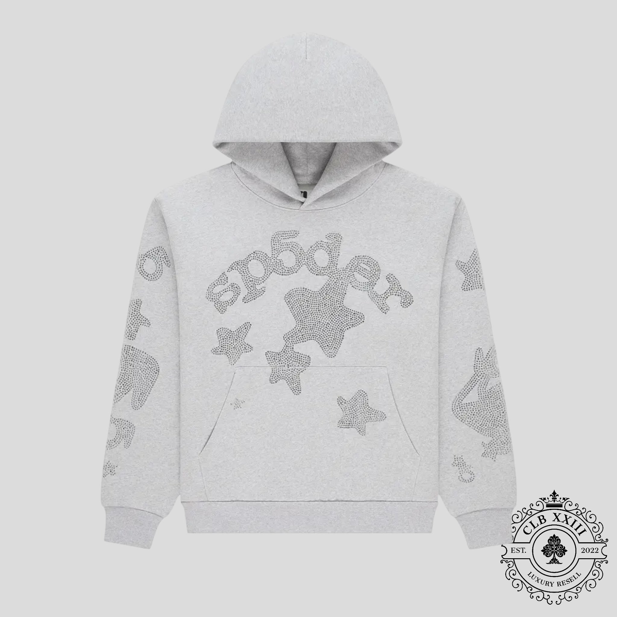 Sp5der Rhinestone Beluga Hoodie in Heather Grey