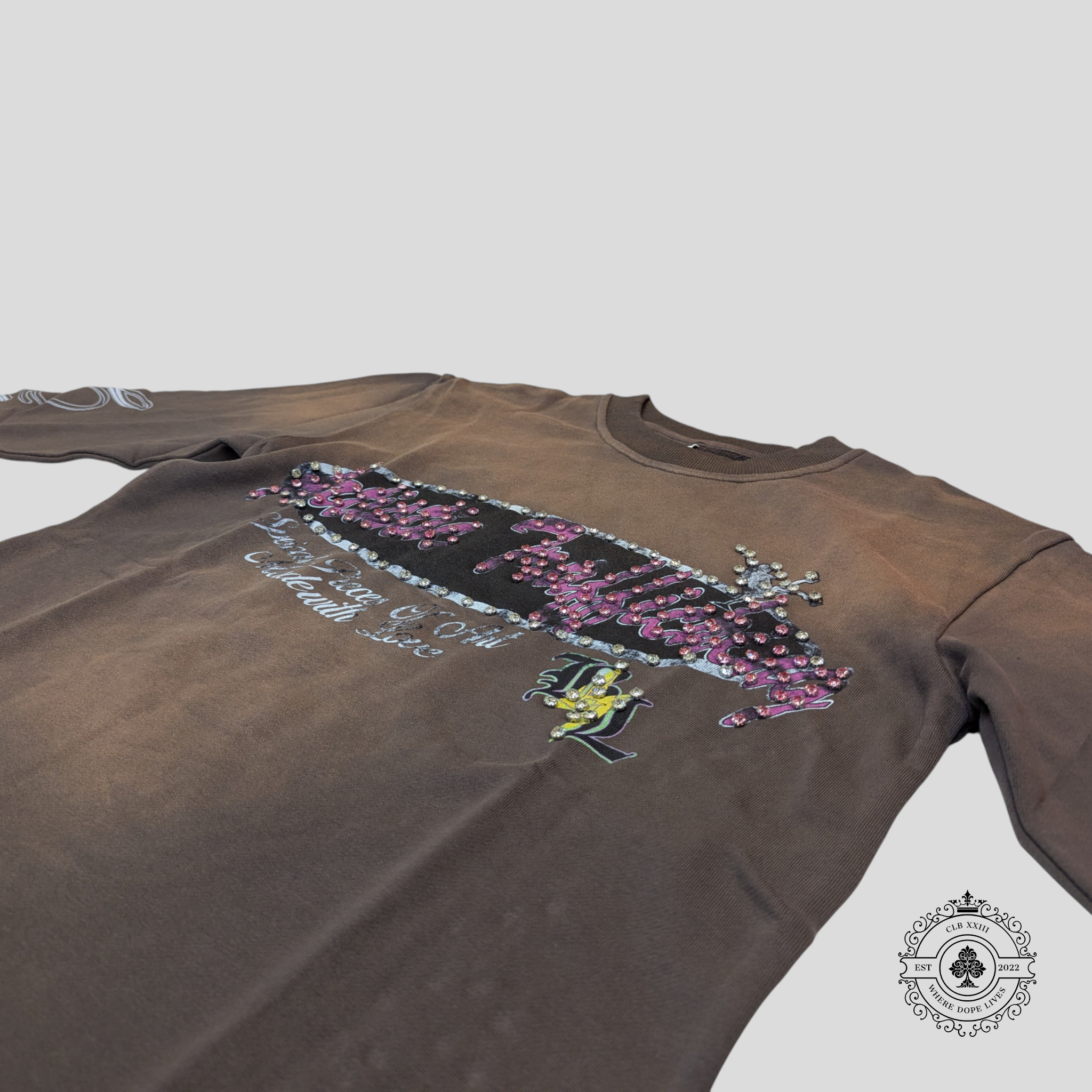 Blind Love Artistic Trafficking Rhinestone Crewneck in Brown