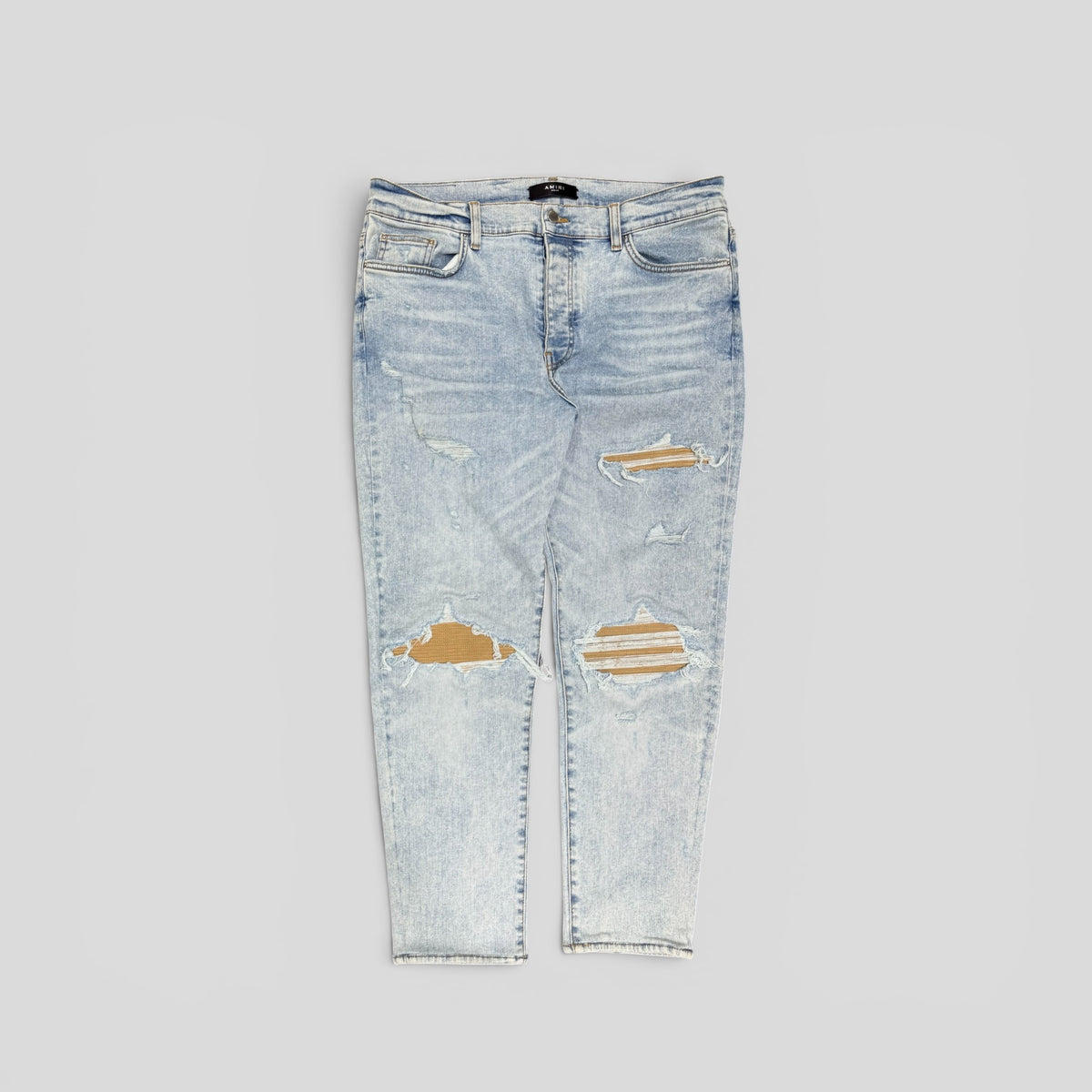 Amiri Suede Patch Jeans in Light Wash/Brown