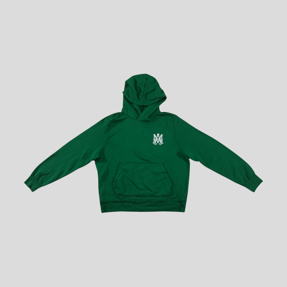 CLB XXIII green Amiri cotton hoodie featuring a white embroidered MA logo on the chest and a front kangaroo pocket.