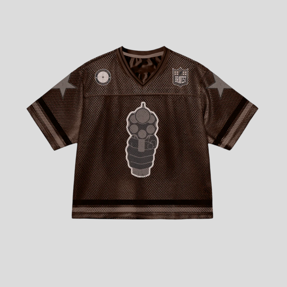 CLB XXIII Bravest Studio 911 brown mesh football jersey with graphic print, star details, and V-neck collar.