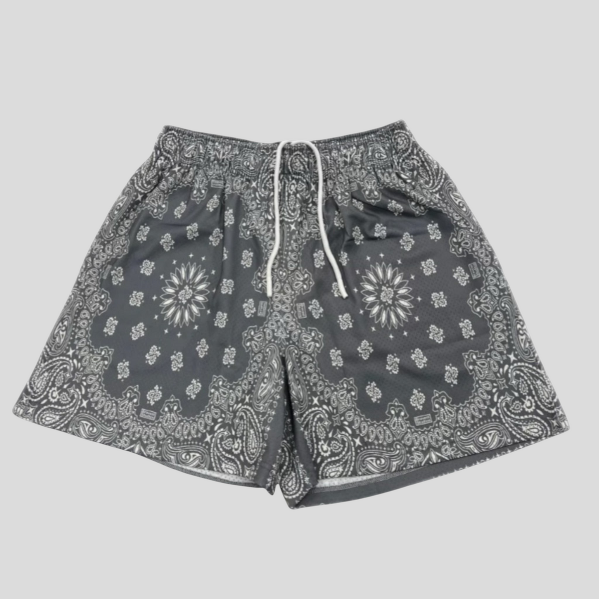 CLB XXIII Bravest Studios grey mesh shorts featuring an intricate white paisley bandana print and drawstring waist