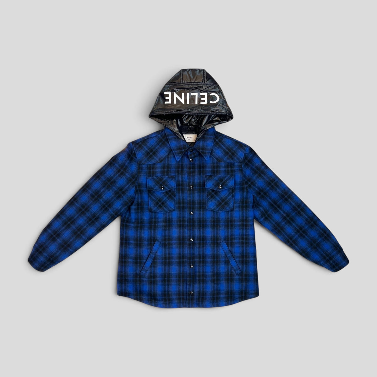 CLB XXIII Celine Homme blue plaid wool flannel hooded overshirt with black nylon hood and white logo print