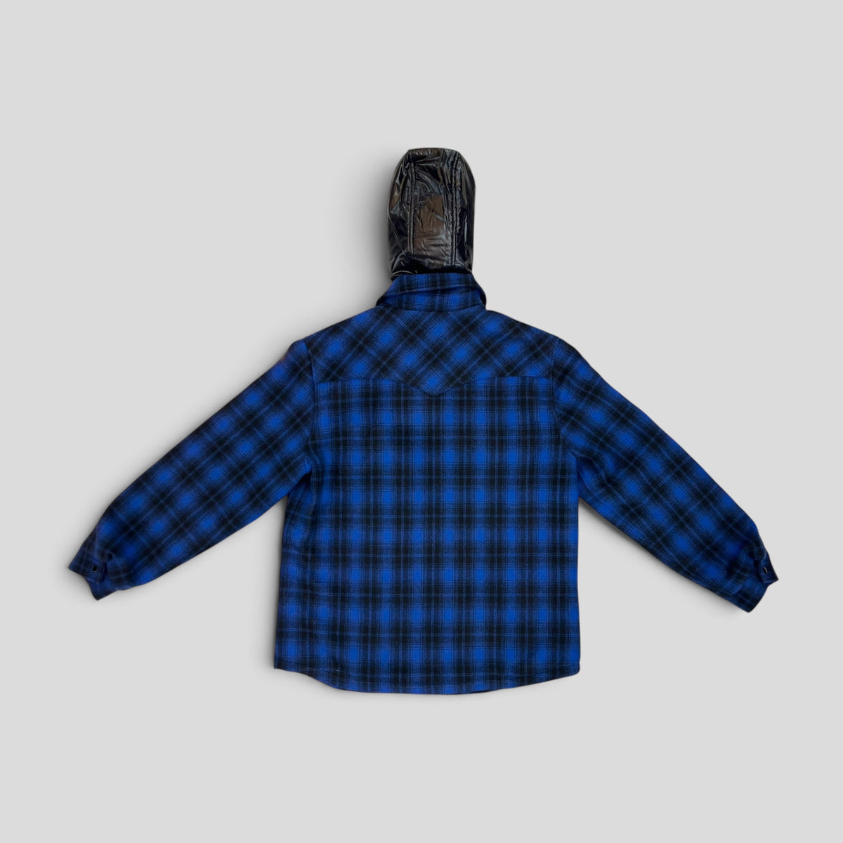 CLB XXIII Celine Homme blue plaid wool flannel hooded overshirt with black nylon trim back view
