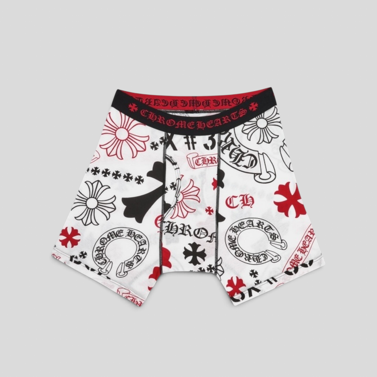 CLB XXIII Chrome Hearts white cotton boxer briefs featuring a red and black graphic logo print and branded waistband.