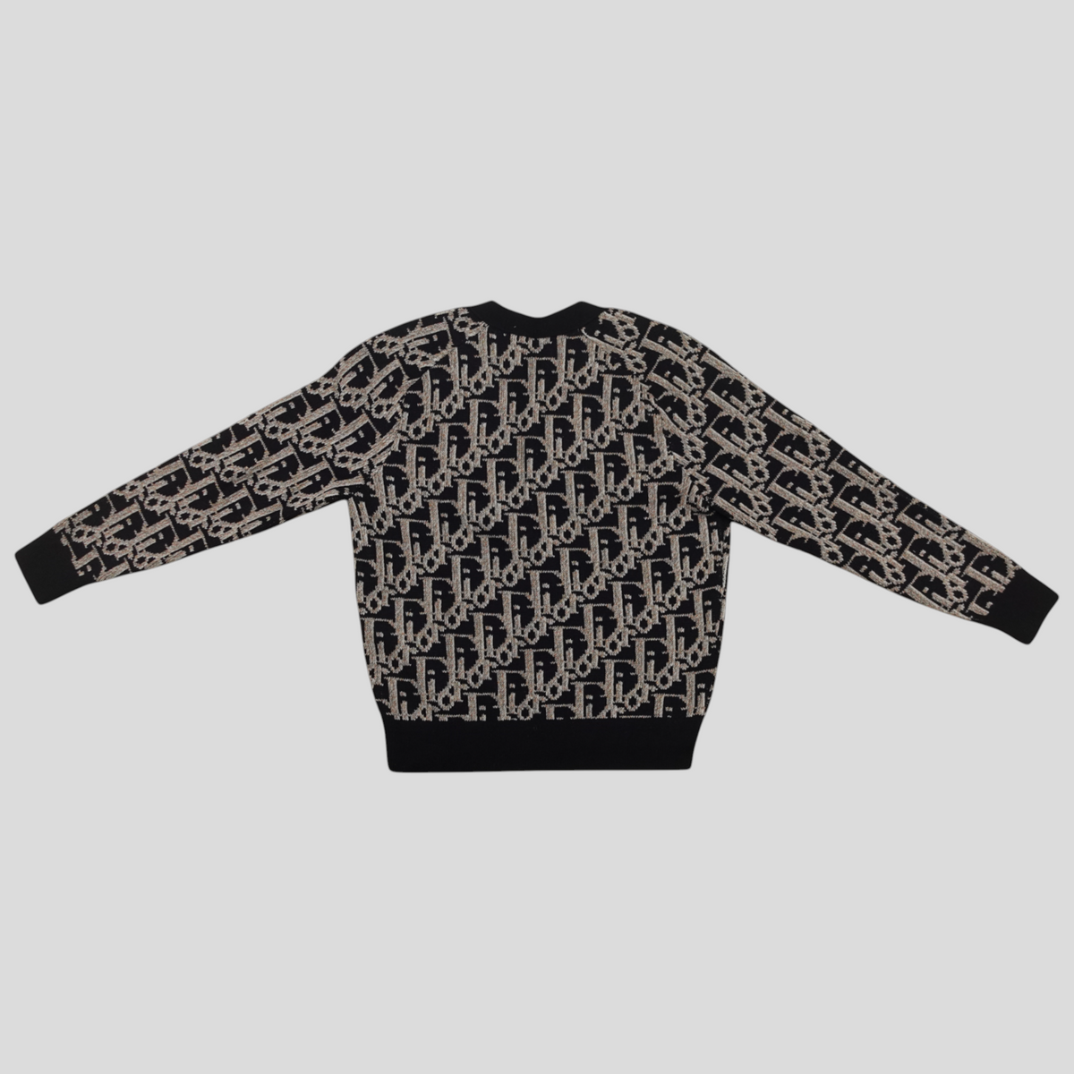 CLB XXIII Dior Oblique jacquard knit cardigan in black and brown virgin wool with long sleeves and ribbed trim