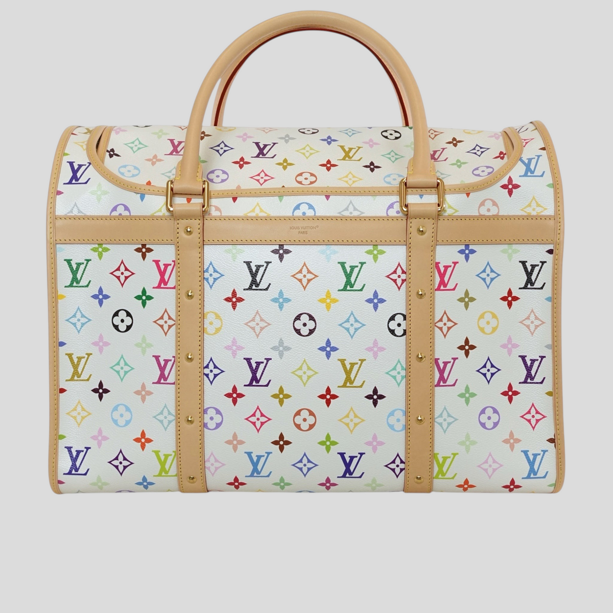 CLB XXIII Louis Vuitton x Takashi Murakami white Monogram Multicolore dog carrier with vachetta leather trim.