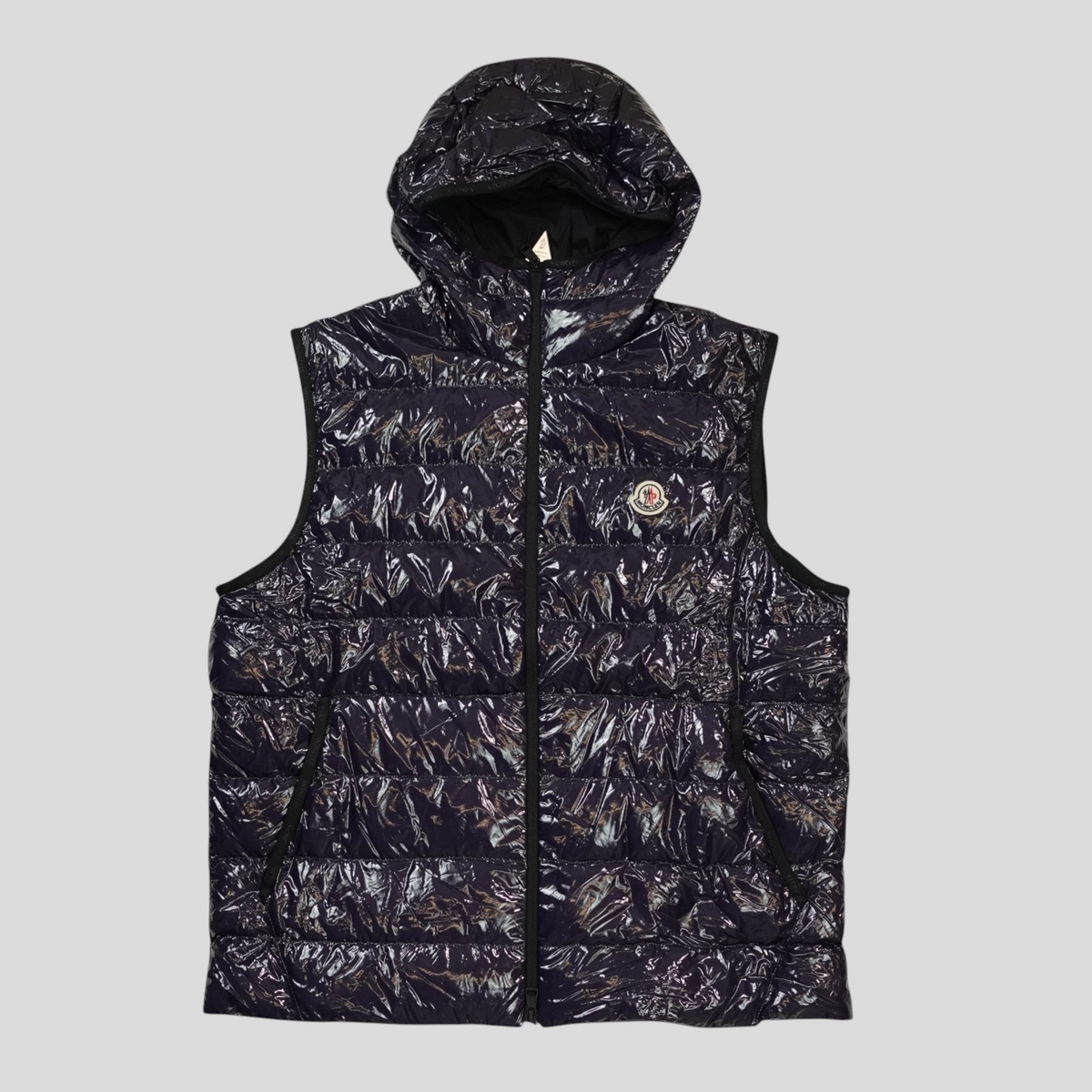 CLB XXIII Moncler navy blue hooded puffer vest in glossy polyamide with front zip closure and signature logo patch