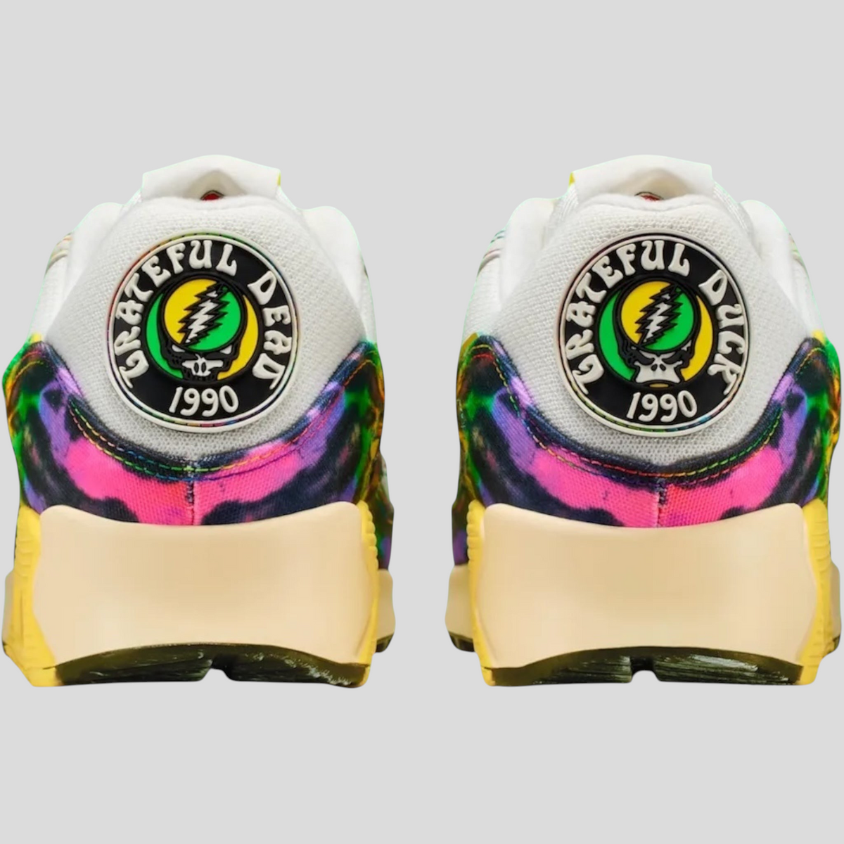 CLB XXIII Nike Air Max 90 Grateful Dead University of Oregon sneakers featuring tie-dye heels and branded patches