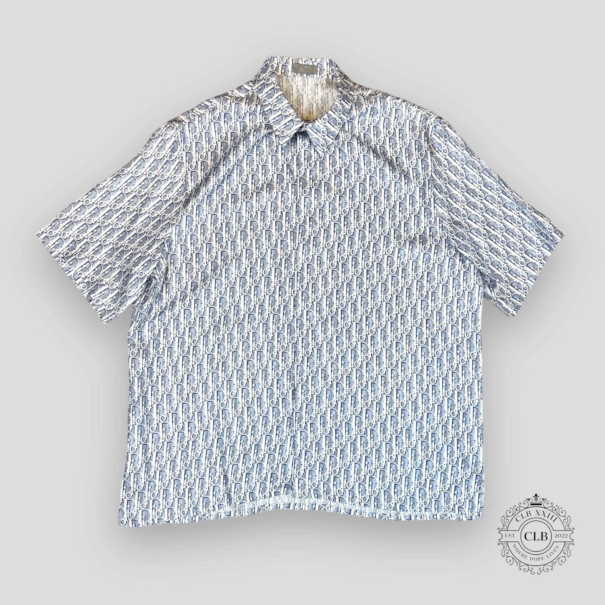 DIOR OBLIQUE SHORT SLEEVE BUTTON UP - WHITE/BLUE