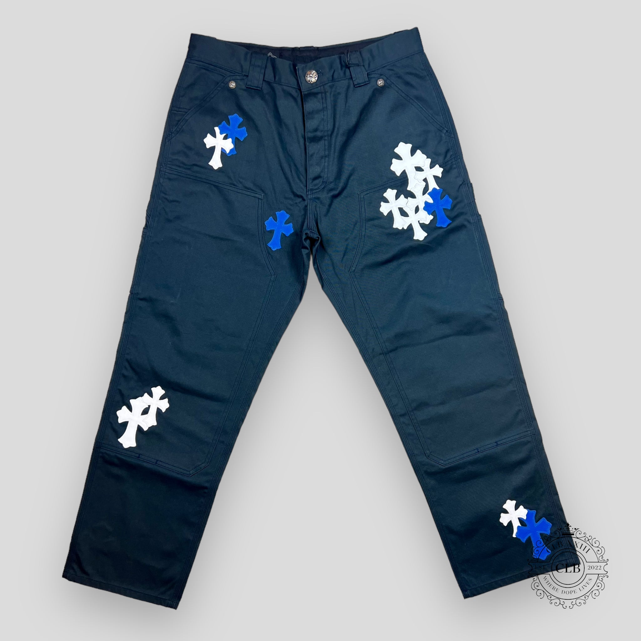 CHROME HEARTS CROSS PATCH DOUBLE KNEE CARPENTER PANTS - NAVY
