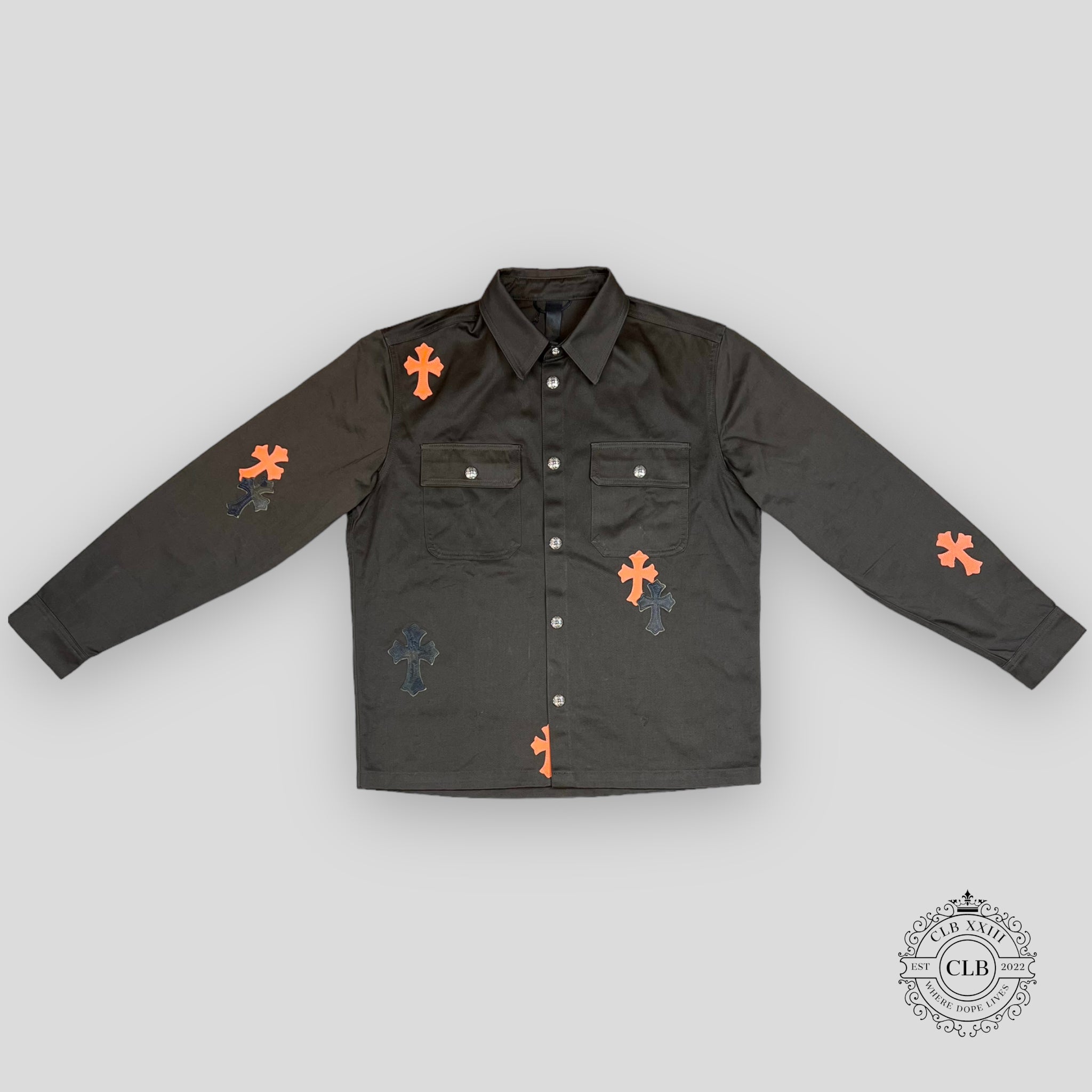 CHROME HEARTS CROSS PATCH WORK DOG SHIRT - BROWN