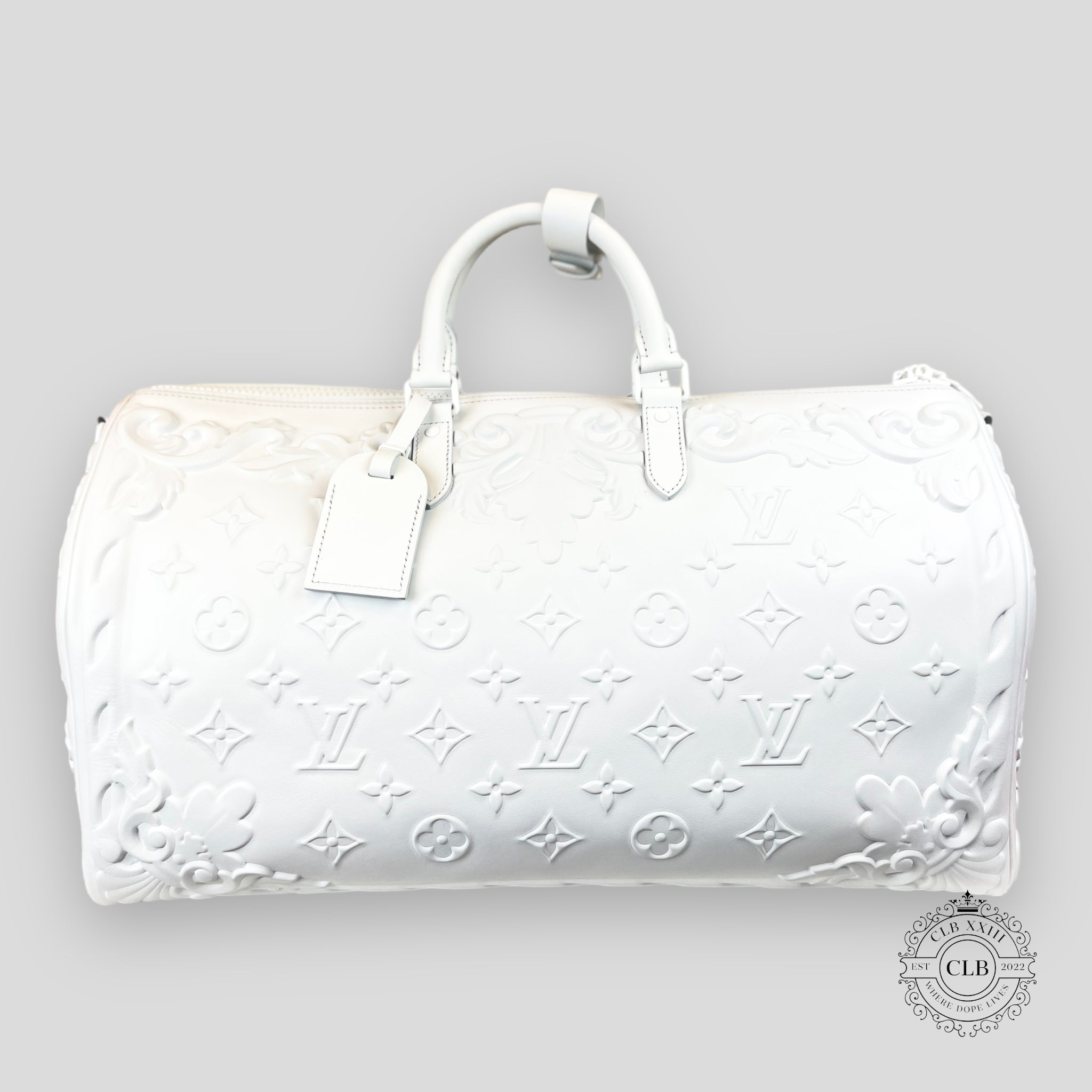 LOUIS VUITTON OPTIC WHITE EMBOSSED MONOGRAM KEEPALL 50