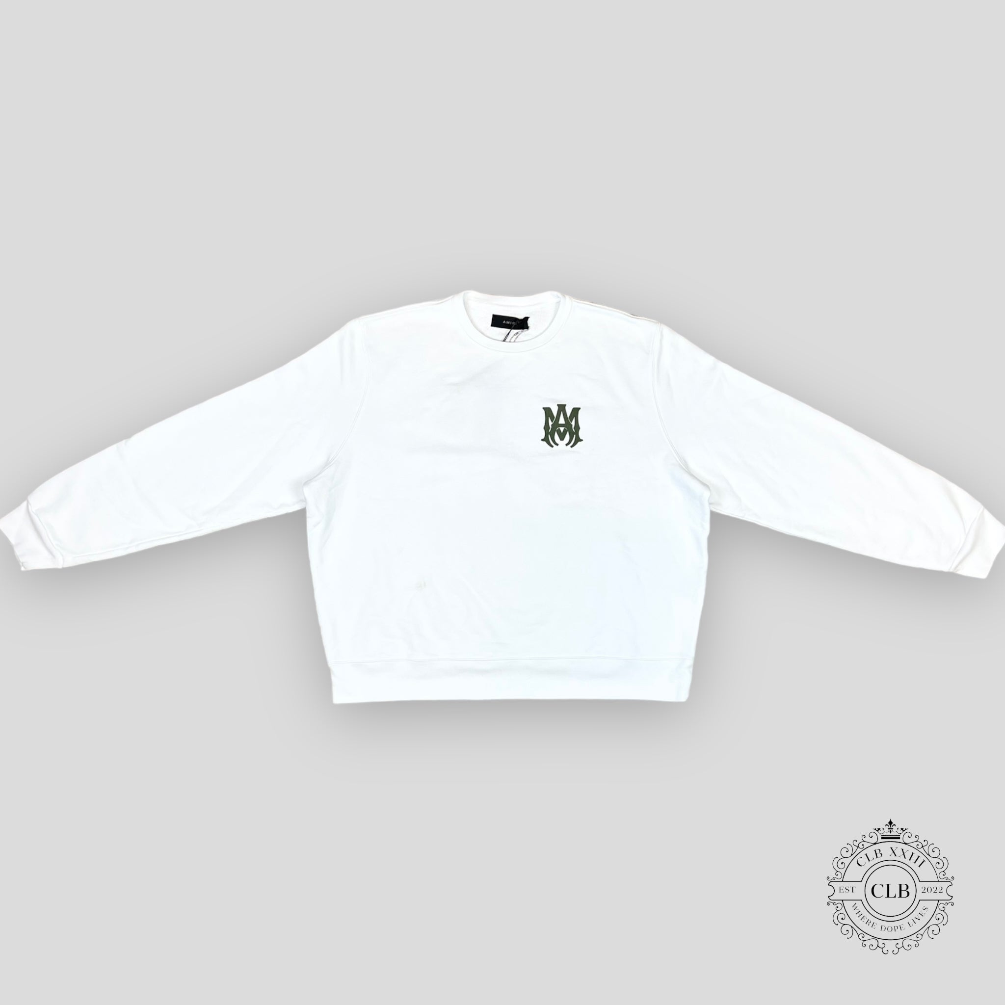 Amiri Ma Logo Crewneck in White/Military Green