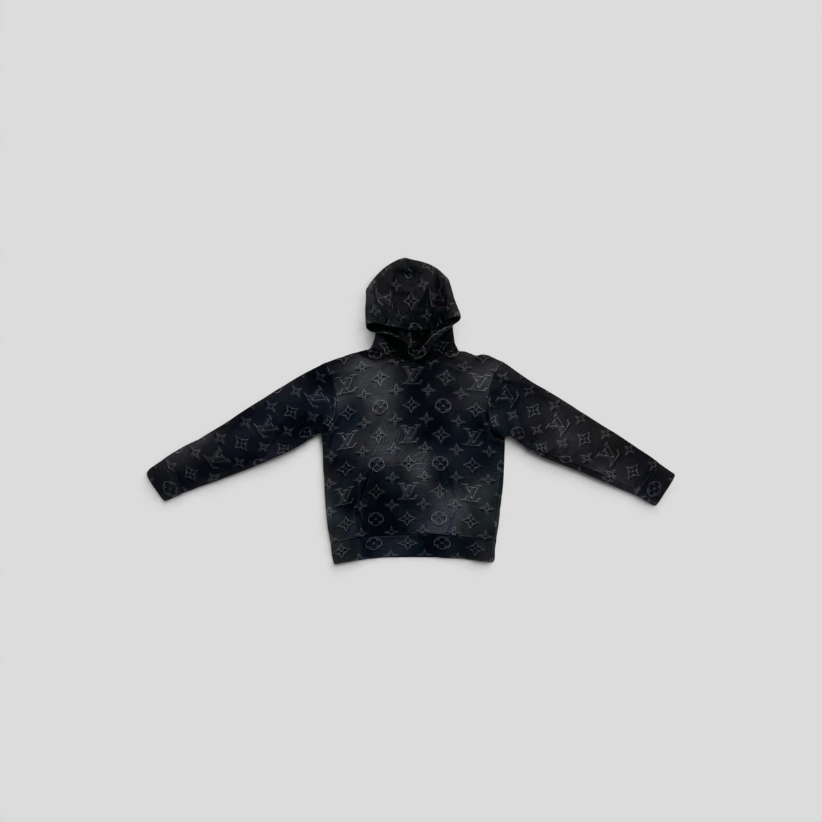 CLB XXIII Louis Vuitton 2054 grey cotton hoodie featuring an all-over 3D embossed monogram pattern