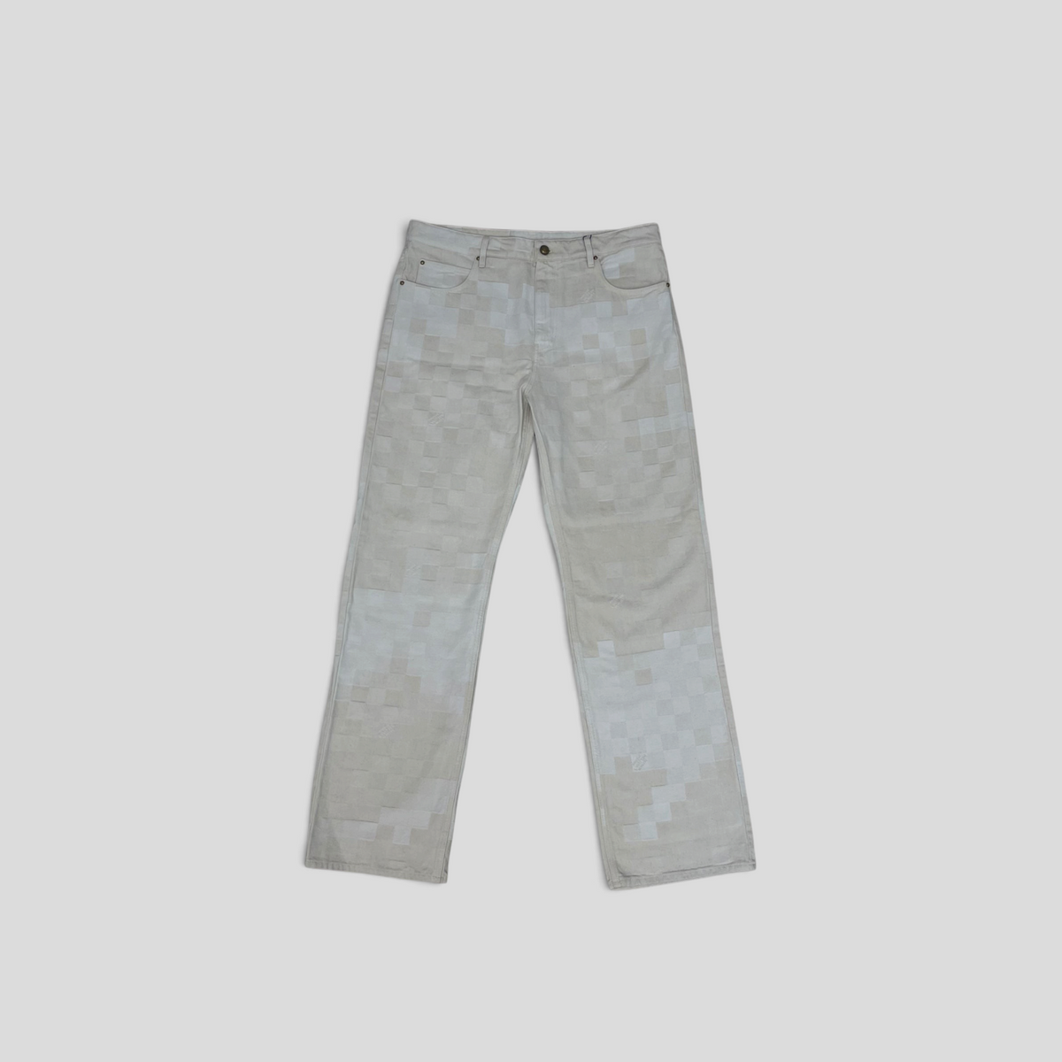 CLB XXIII Louis Vuitton Damoflage jacquard denim pants in beige cotton with a pixelated checkerboard pattern