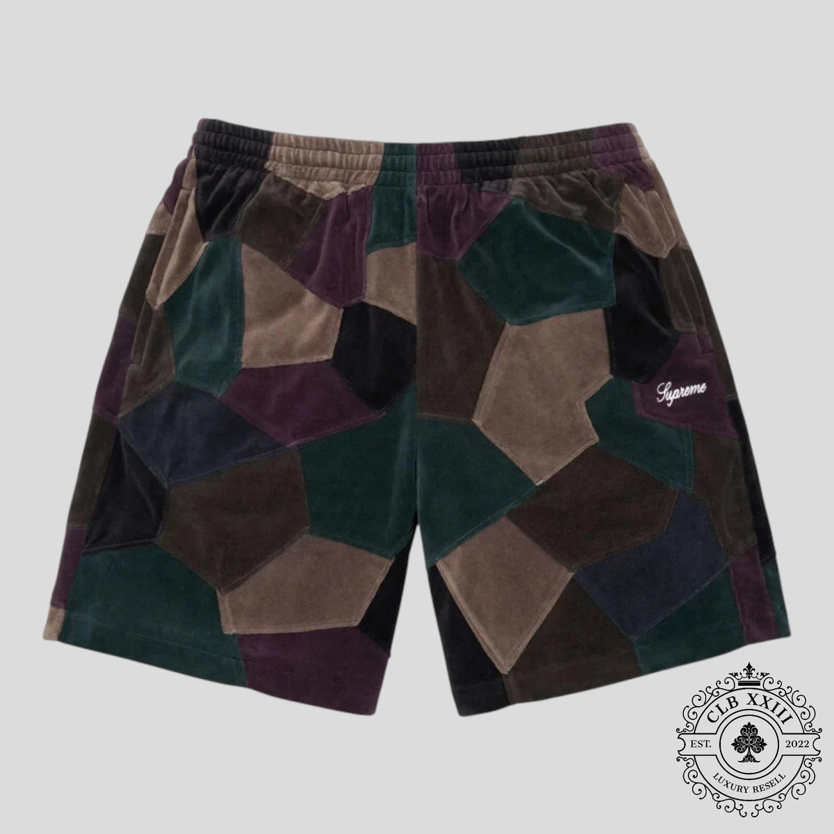 Supreme Patchwork Velour Shorts in Navy