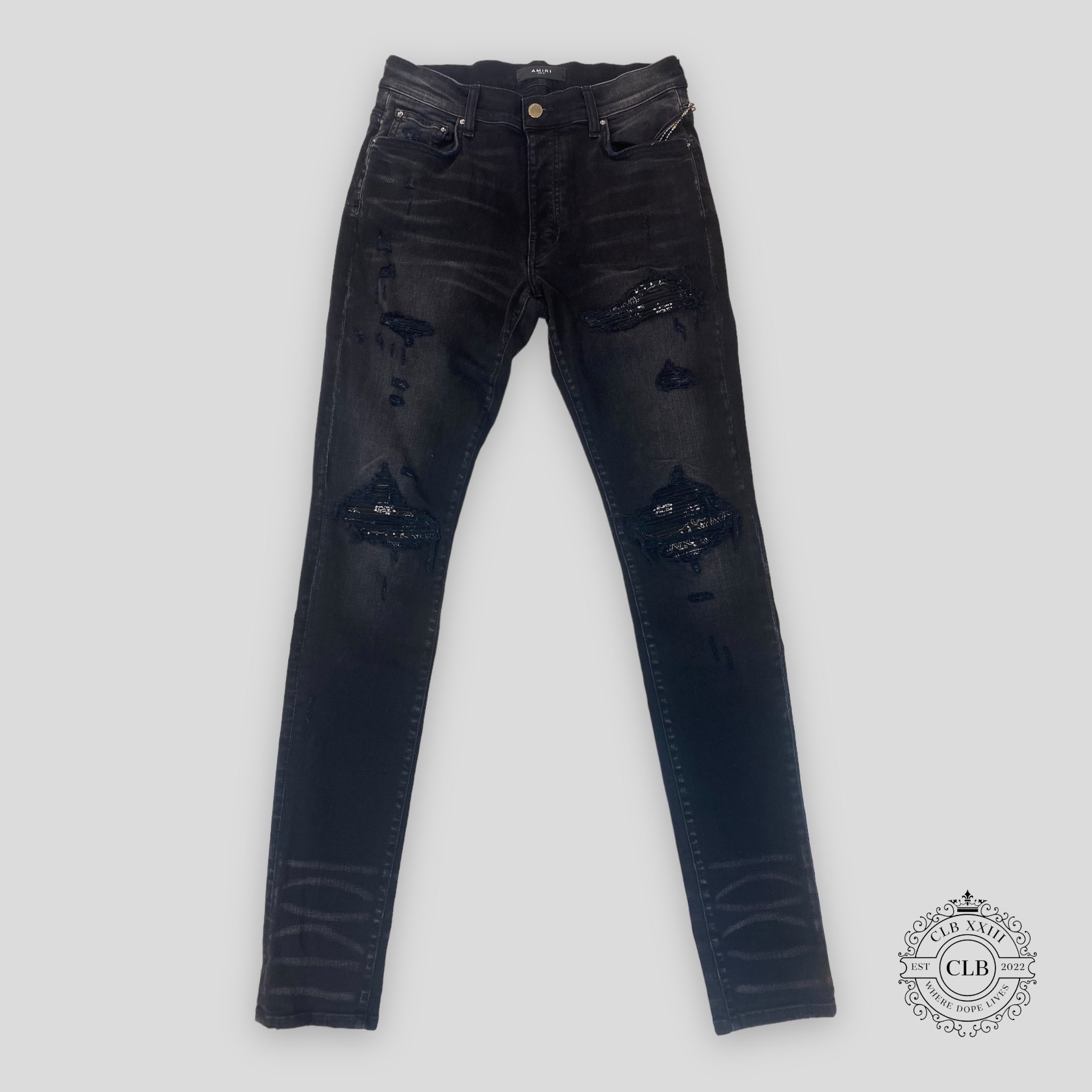 Amiri MX1 Black Bandana Patch Jeans in Aged Black