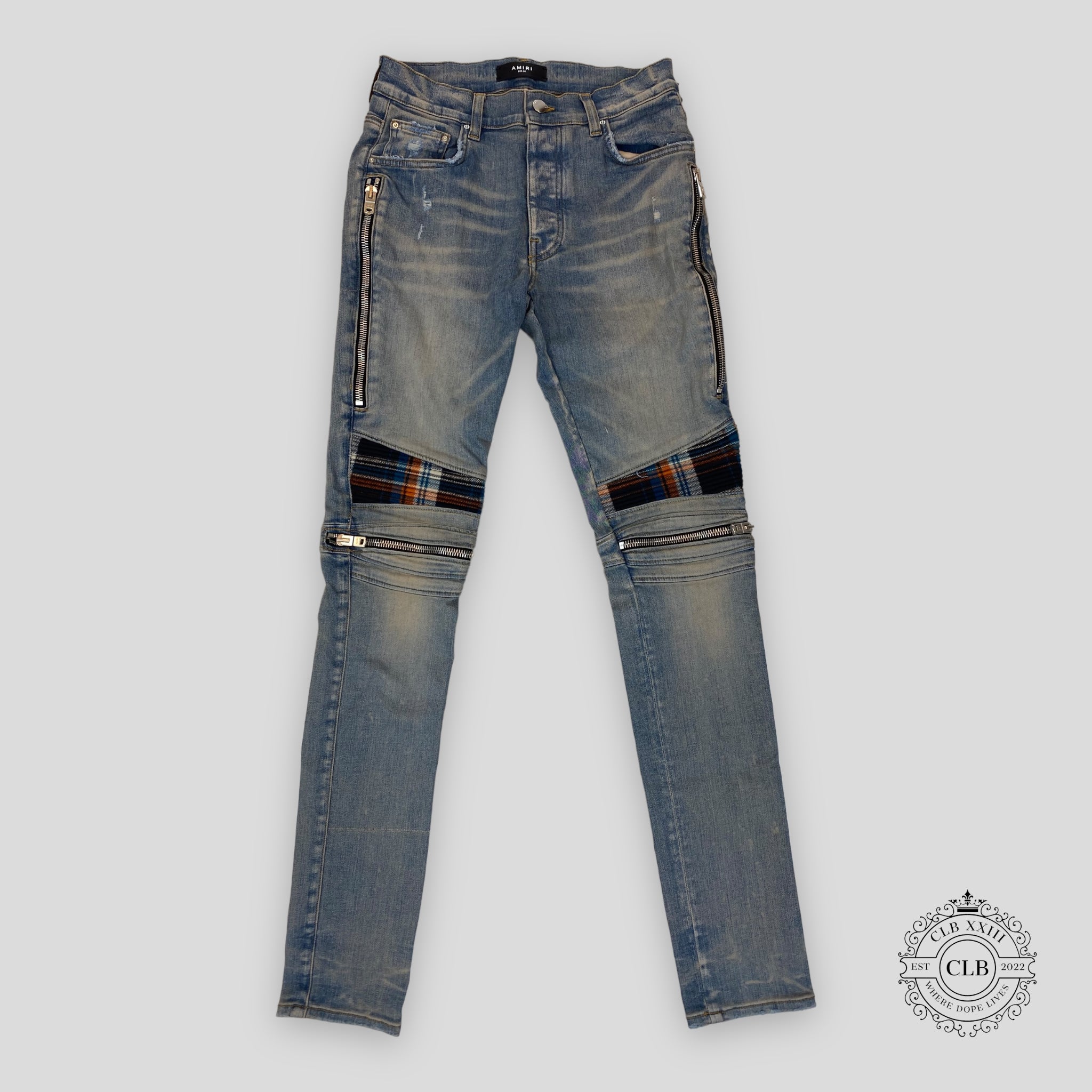 AMIRI MX2 PLAID JEANS - CLAY INDIGO/ORANGE