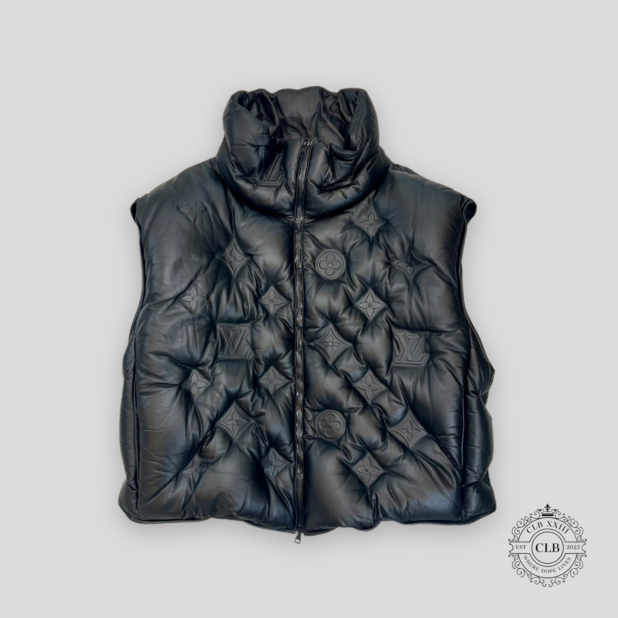 LOUIS VUITTON MONOGRAM EMBOSSED BOYHOOD PUFFER LEATHER VEST - BLACK