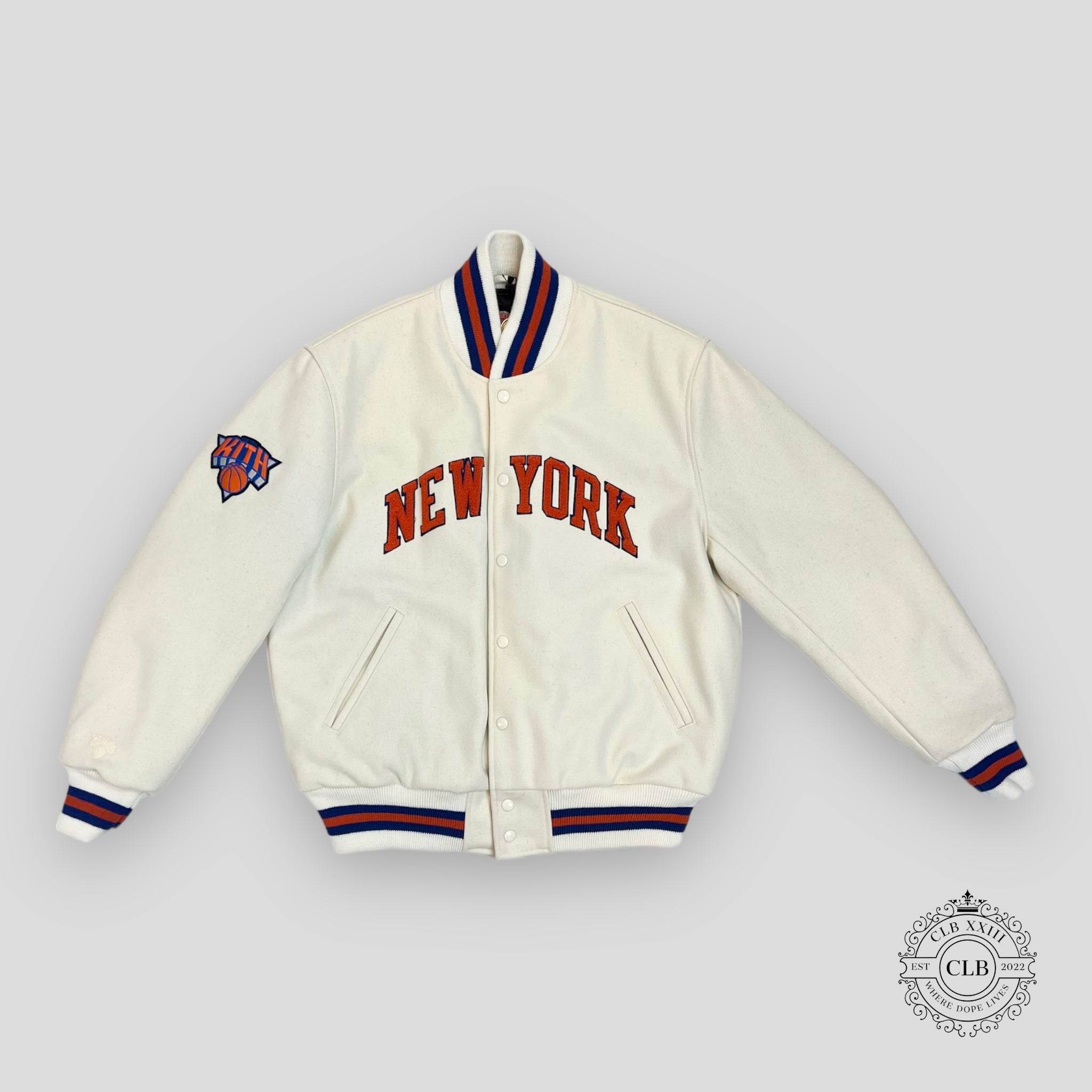 KITH GOLDEN BEAR NEW YORK KNICKS VARSITY JACKET - SANDRIFT
